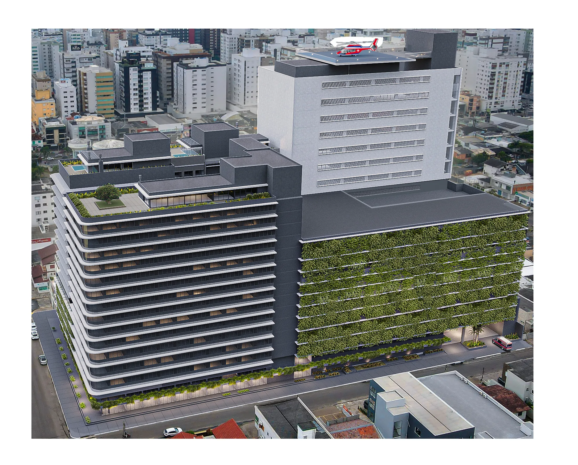 Vista aérea do Markho Life Complex em Capão da Canoa com torres residencial, comercial e hospital integrados