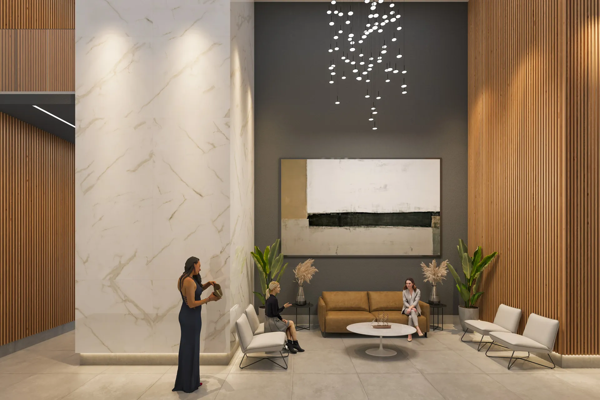 Hall de acesso das Markho Prime Residences em mármore e madeira