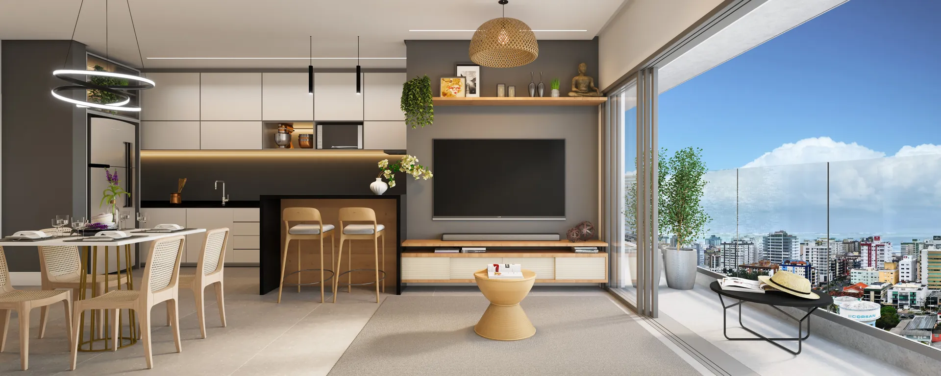 Living de apartamento das Markho Prime Residences com sacada e vista em Capão da Canoa
