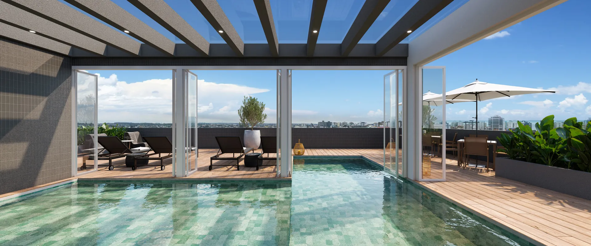 Piscina coberta no rooftop das Markho Prime Residences com vista panorâmica de Capão da Canoa