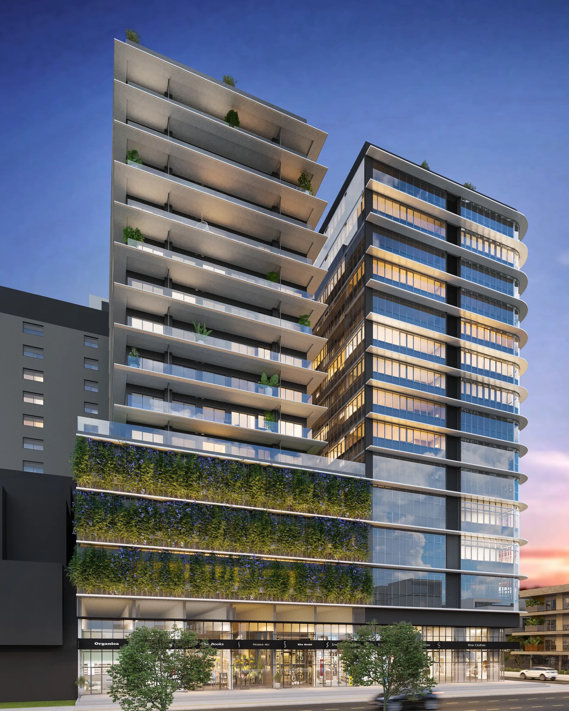 Fachada das Markho Prime Residences com sacadas, jardim vertical e térreo comercial
