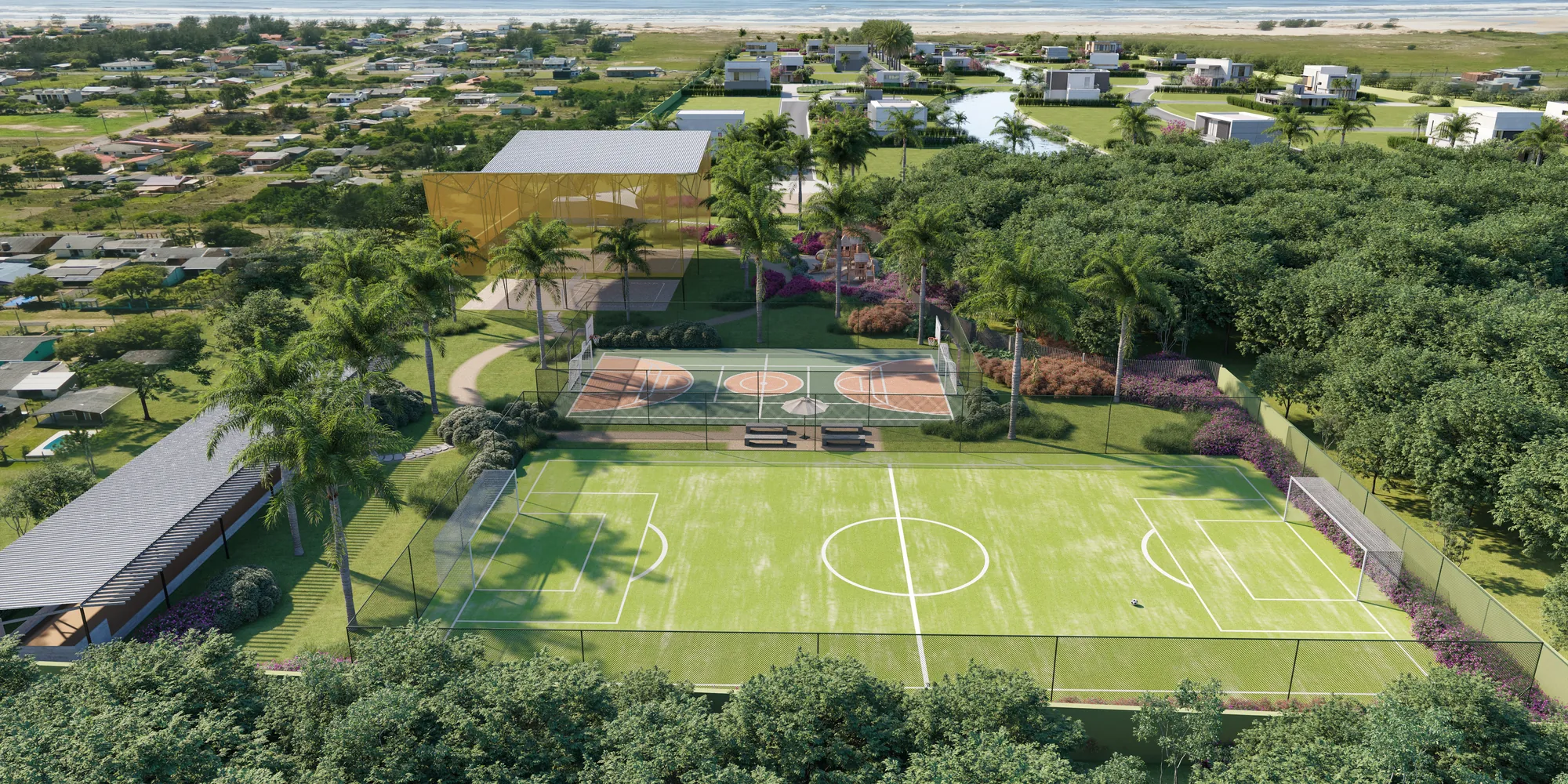 Vista aérea do complexo esportivo do Mirador Playa Arenas com campo de futebol sete e quadras em Capão da Canoa