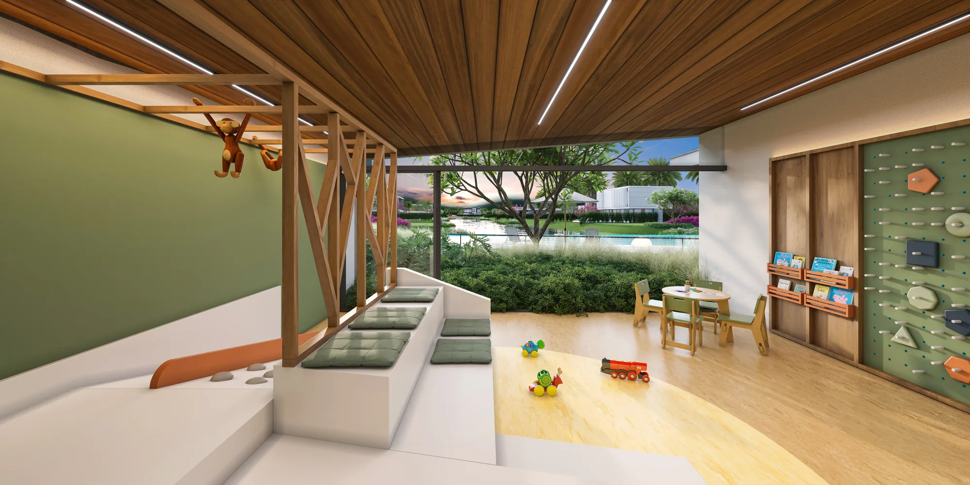 Render do espaço kids do Mirador Playa Arenas, em Capão da Canoa, com forro de madeira, parede de escalada, mesa infantil, prateleira de livros e brinquedos no piso, aberto para o jardim e a piscina