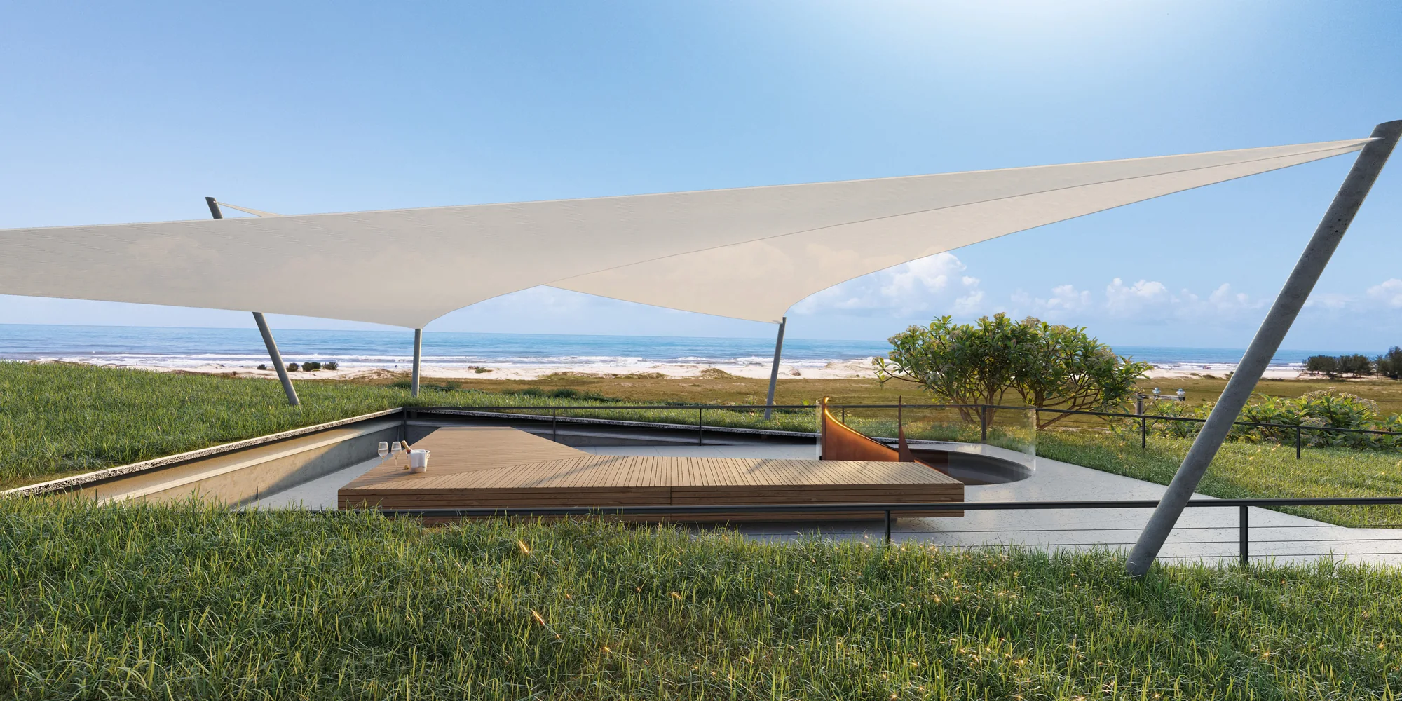 Mirante com lounge e cobertura tensionada e vista panorâmica para o mar no Mirador Playa Arenas