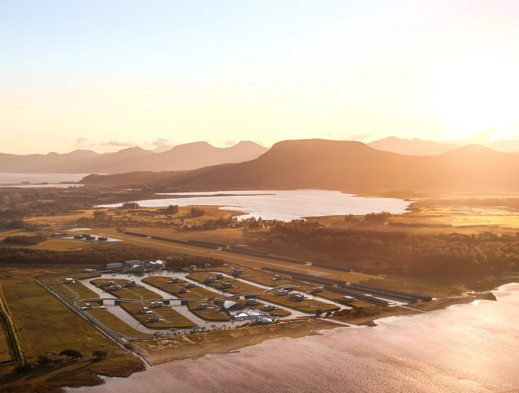 Vista aérea do Mônaco Grand Marina ao pôr do sol, condomínio náutico na Lagoa dos Quadros em Maquiné