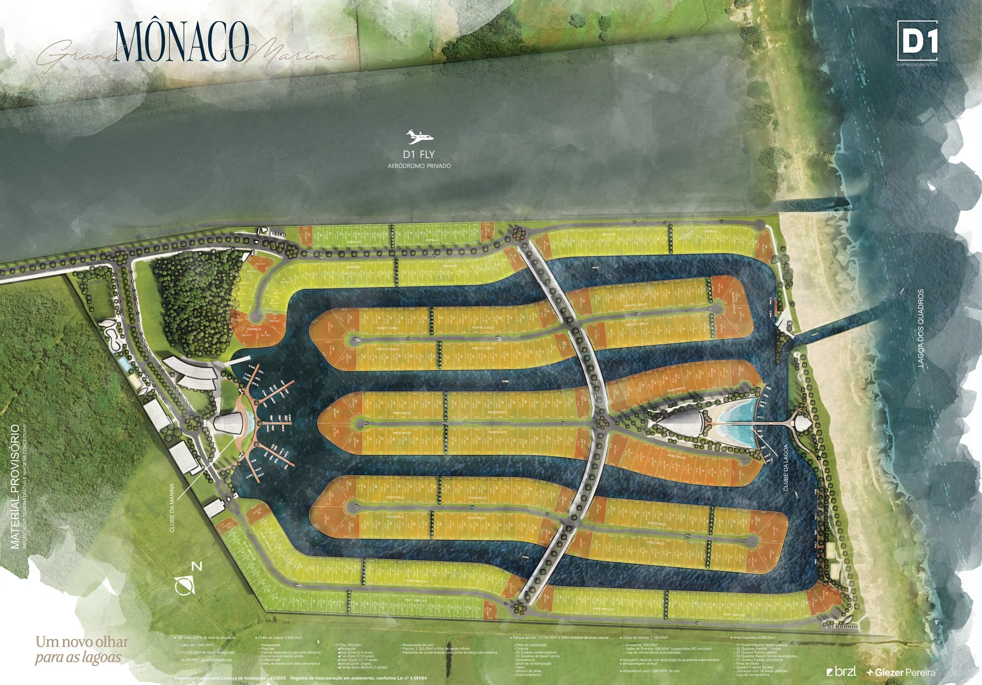 Mapa de implantação do Mônaco Grand Marina com os lotes, os canais navegáveis e a orla da lagoa