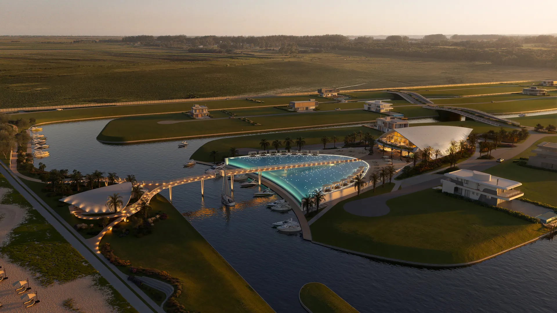 Vista aérea do Mônaco Grand Marina com a piscina, a marina e os canais navegáveis ao pôr do sol