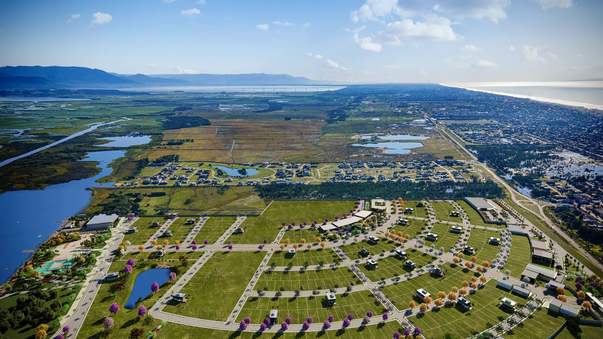 Foto de inserção semi-aérea do Nautilus Marina Bairro na beira da Lagoa do Passo em Atlântida Sul