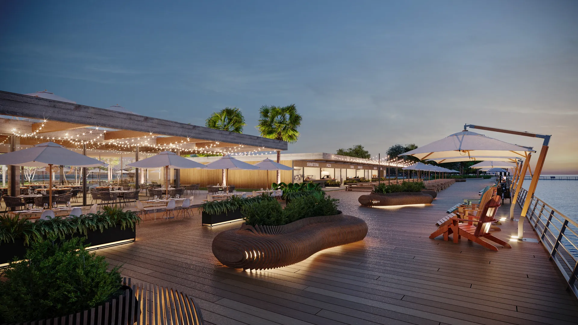 Área gourmet e social externa da marina do Nautilus à beira da lagoa
