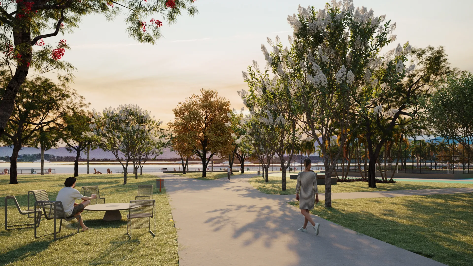 Praça contemplativa à beira da lagoa do Nautilus Marina Bairro com paisagismo