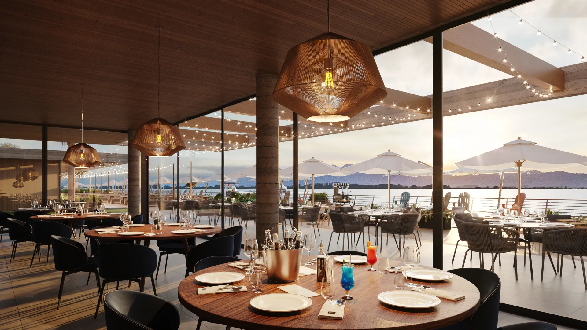 Restaurante interno com vista para a Lagoa do Passo no Nautilus Marina Bairro em Xangri-Lá