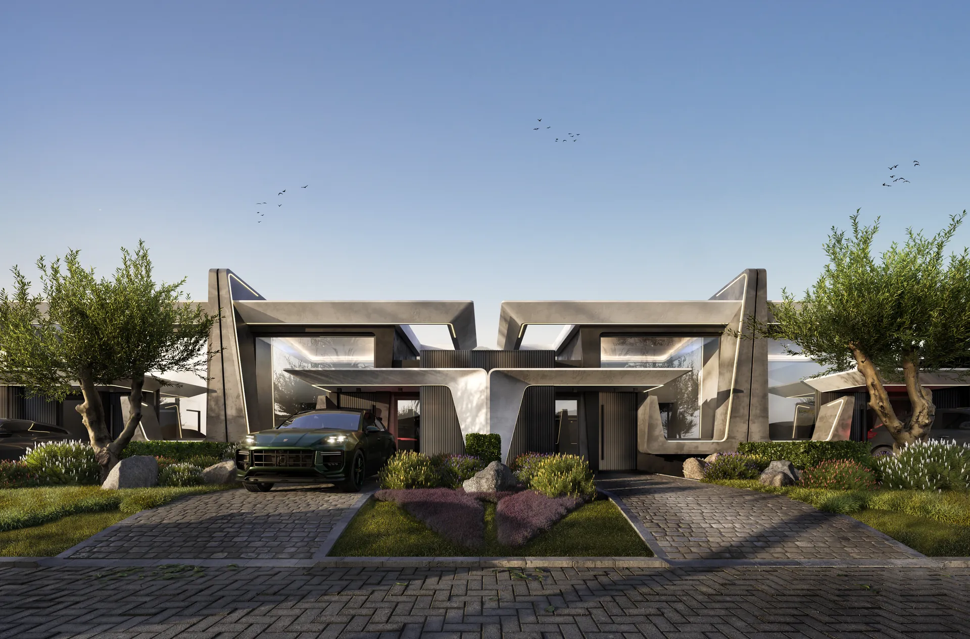 Fachadas esculturais das casas do Navagio Life Homes na avenida central