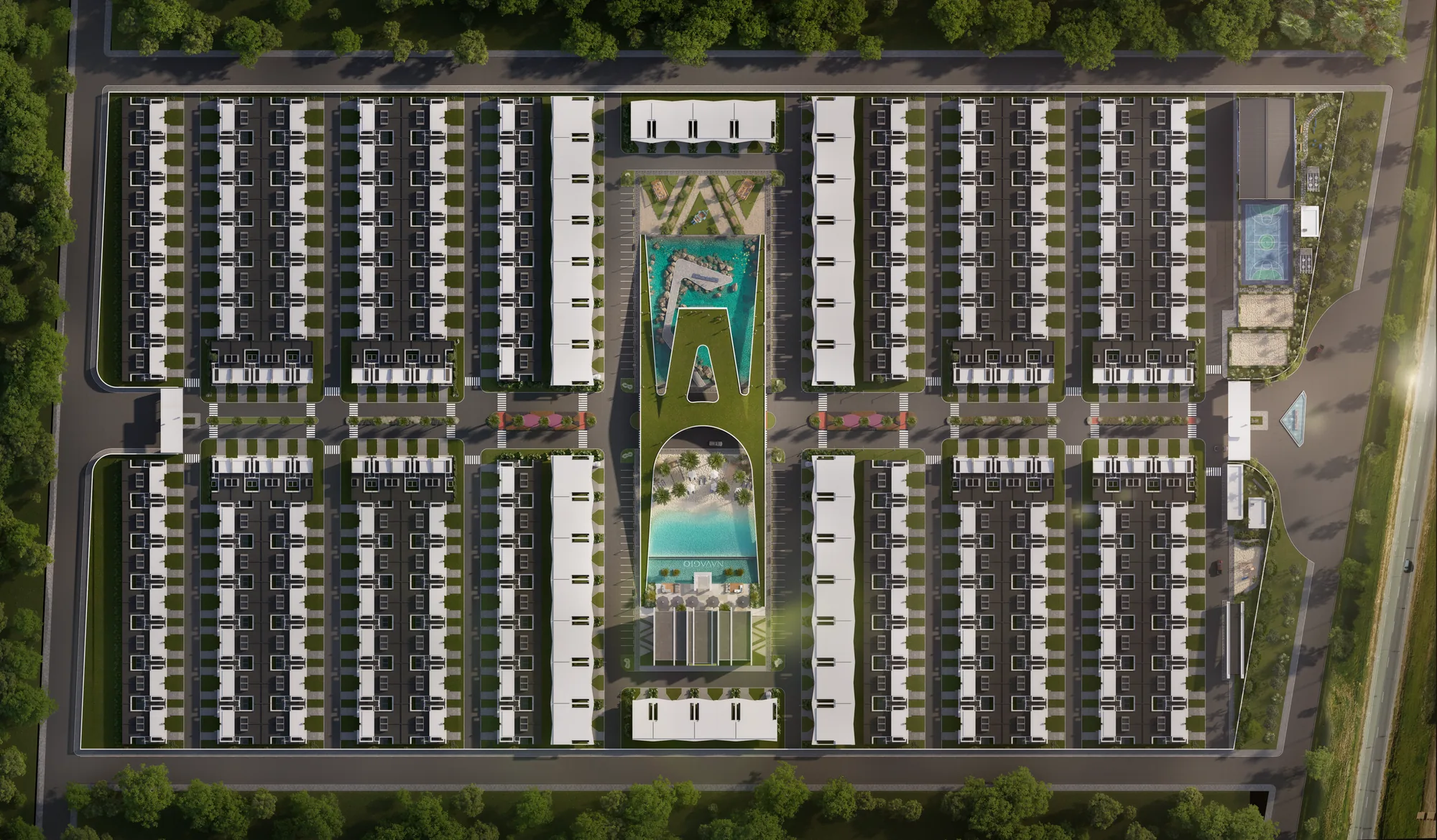 Implantação aérea do Navagio Life Homes mostrando as fileiras de casas e o eixo central de lazer