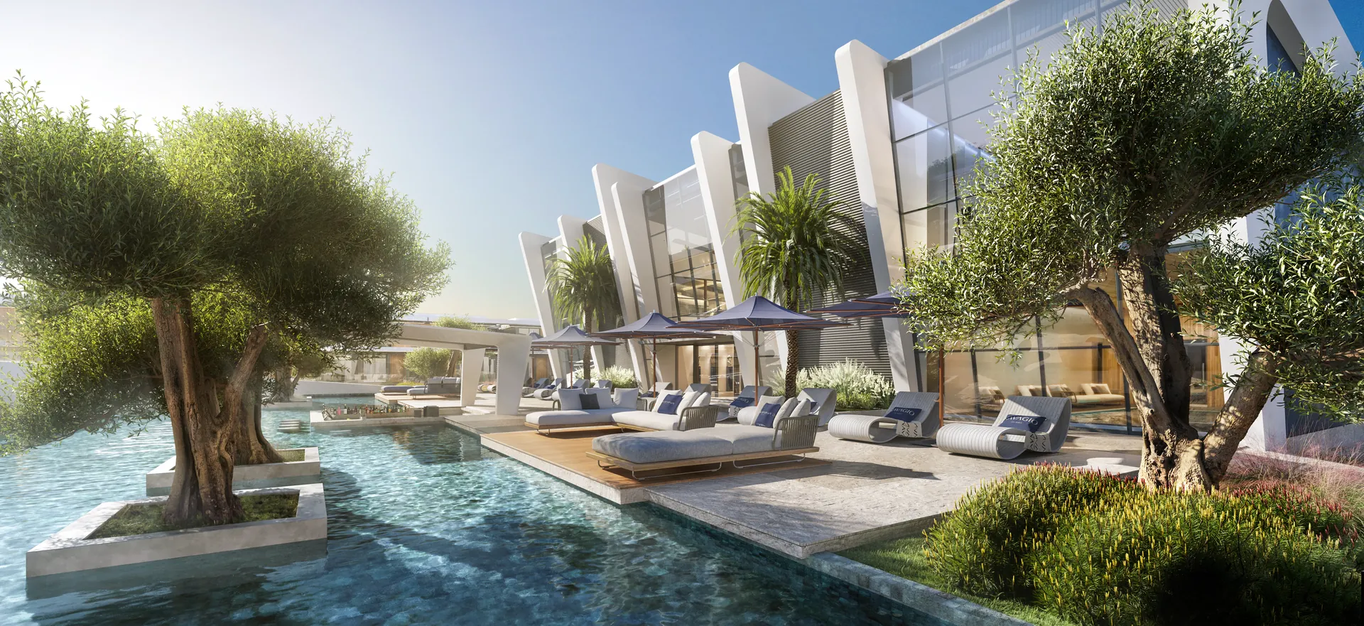 Piscina com deck de madeira, espreguiçadeiras e oliveiras junto à arquitetura branca do clube, Navagio Life Homes em Capão da Canoa
