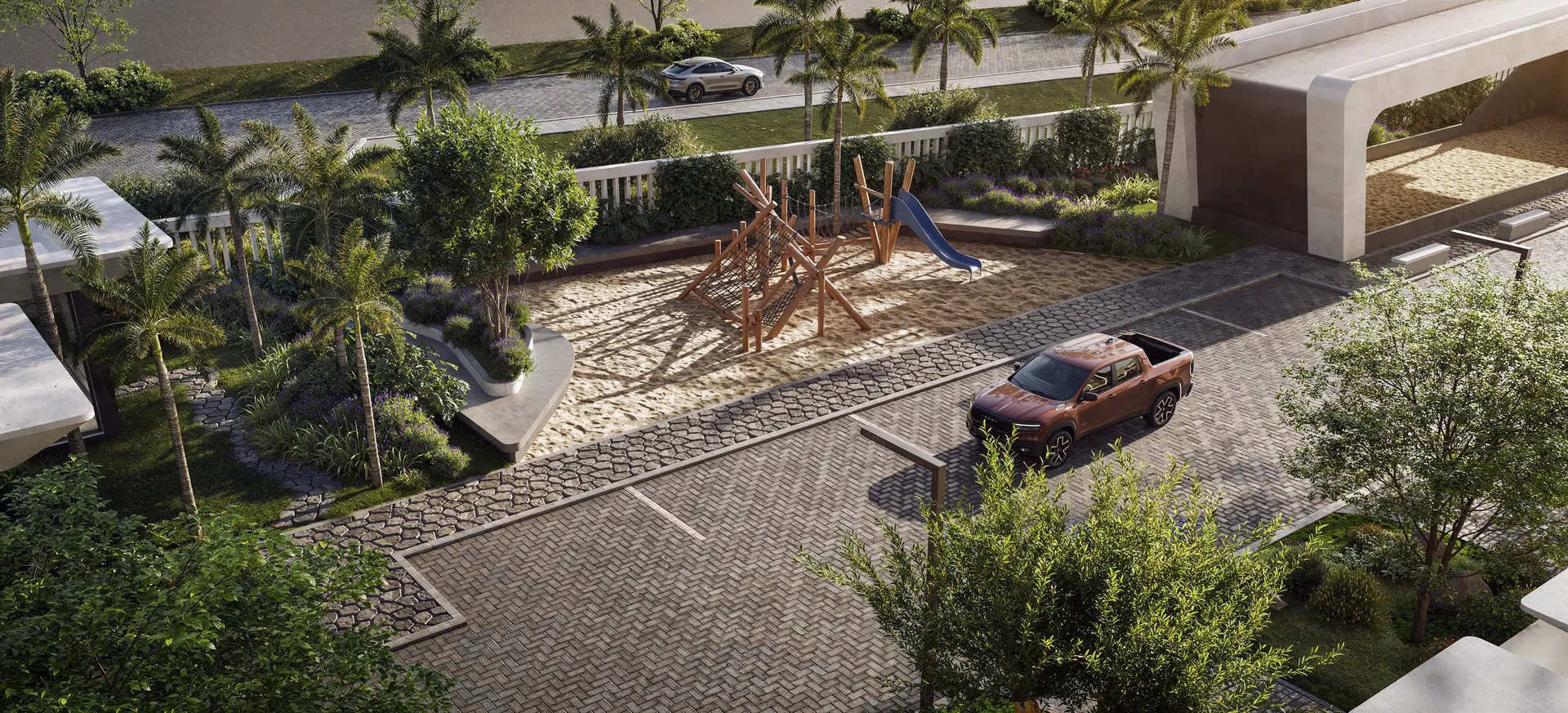 Playground infantil no eixo de lazer do condomínio fechado Navagio Life Homes em Capão da Canoa