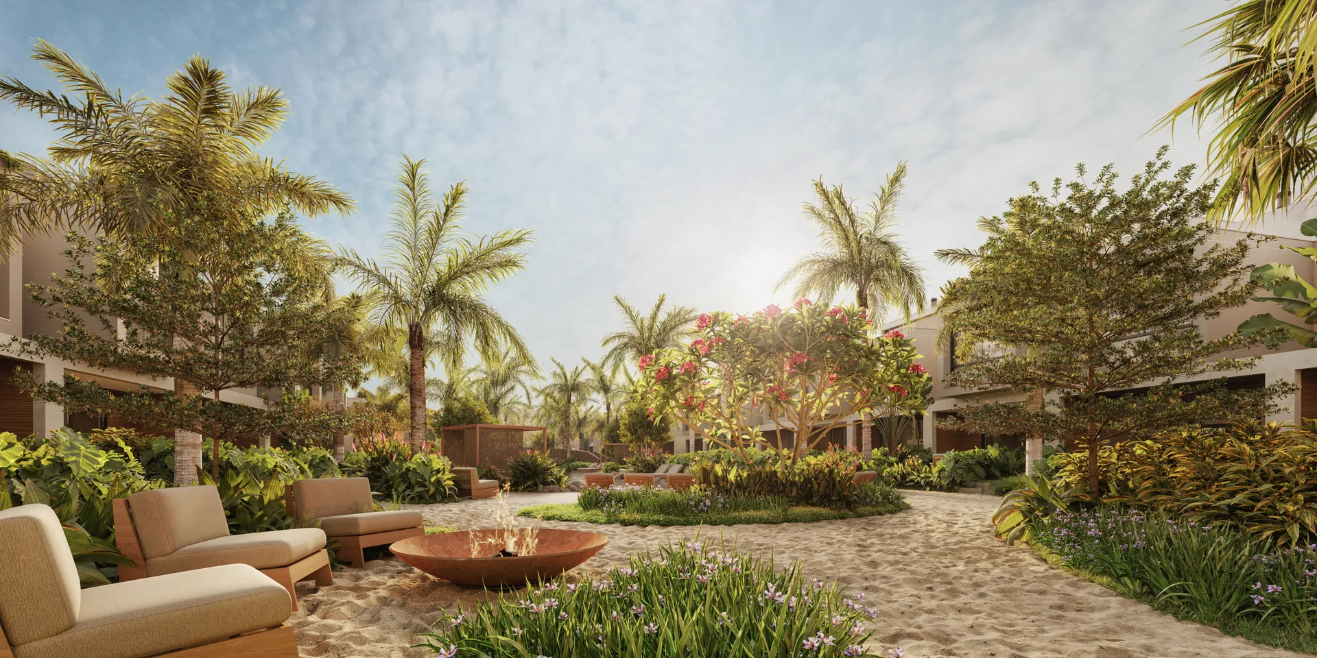Boulevard interno do ORIGEM com fire pit, palmeiras e paisagismo tropical
