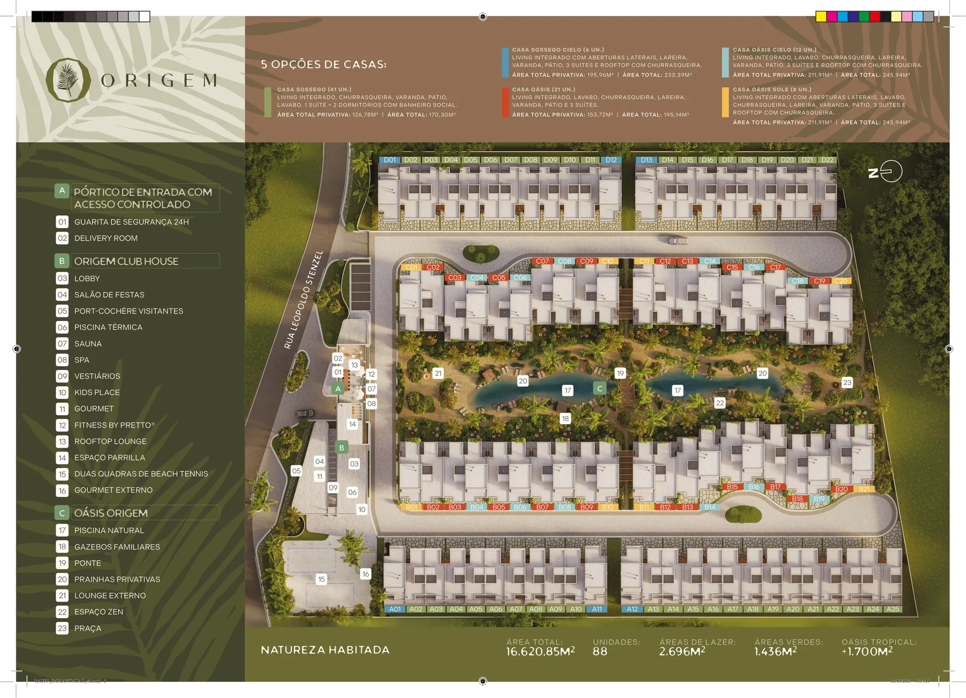 Implantação do ORIGEM mostrando as 88 casas ao redor do oásis tropical e o Club House