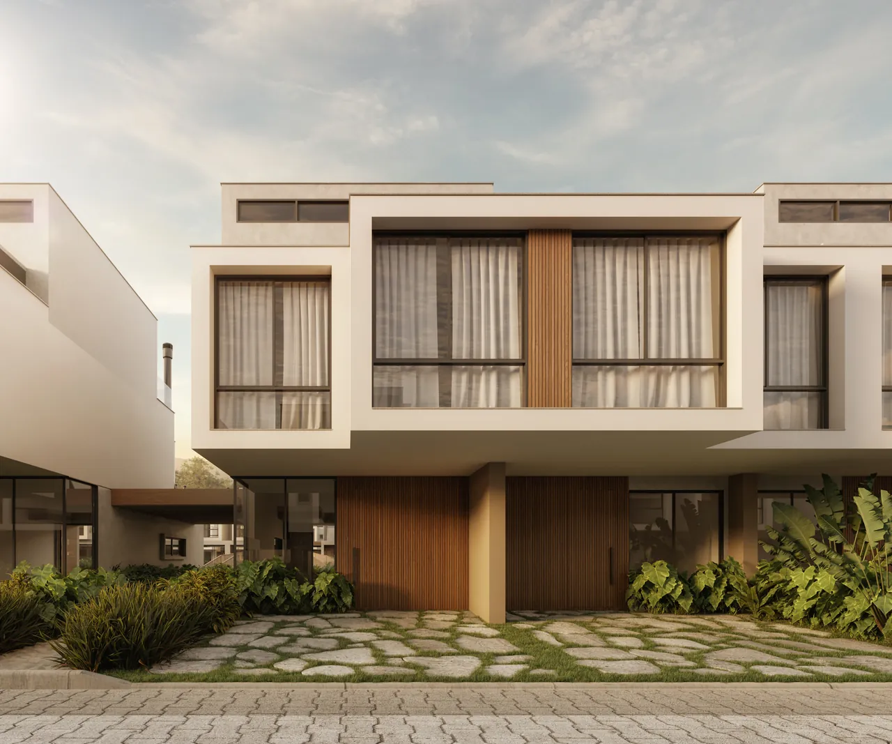 Render externo do modelo Oásis Sole do Origem, com rooftop e aberturas laterais