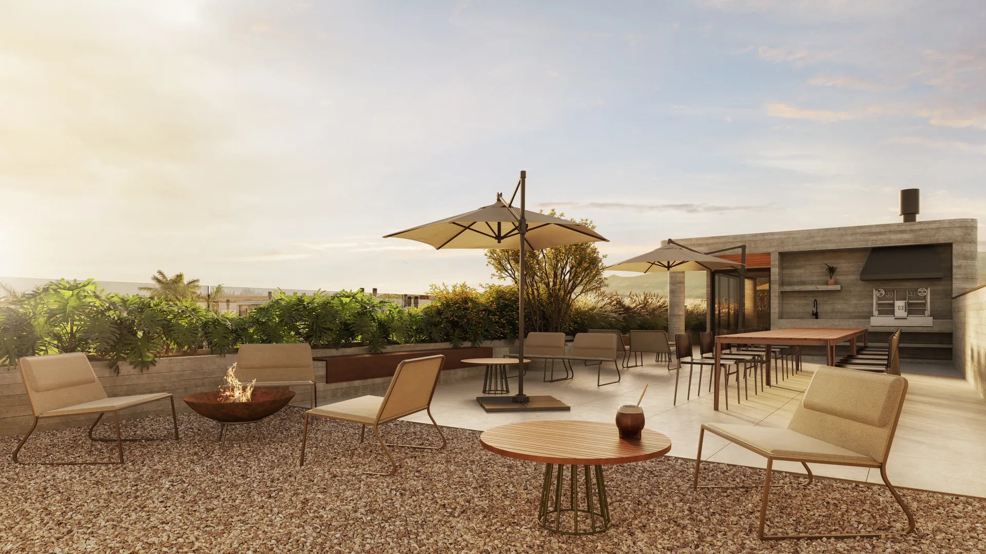 Rooftop lounge do ORIGEM Club House ao pôr do sol em Xangri-Lá