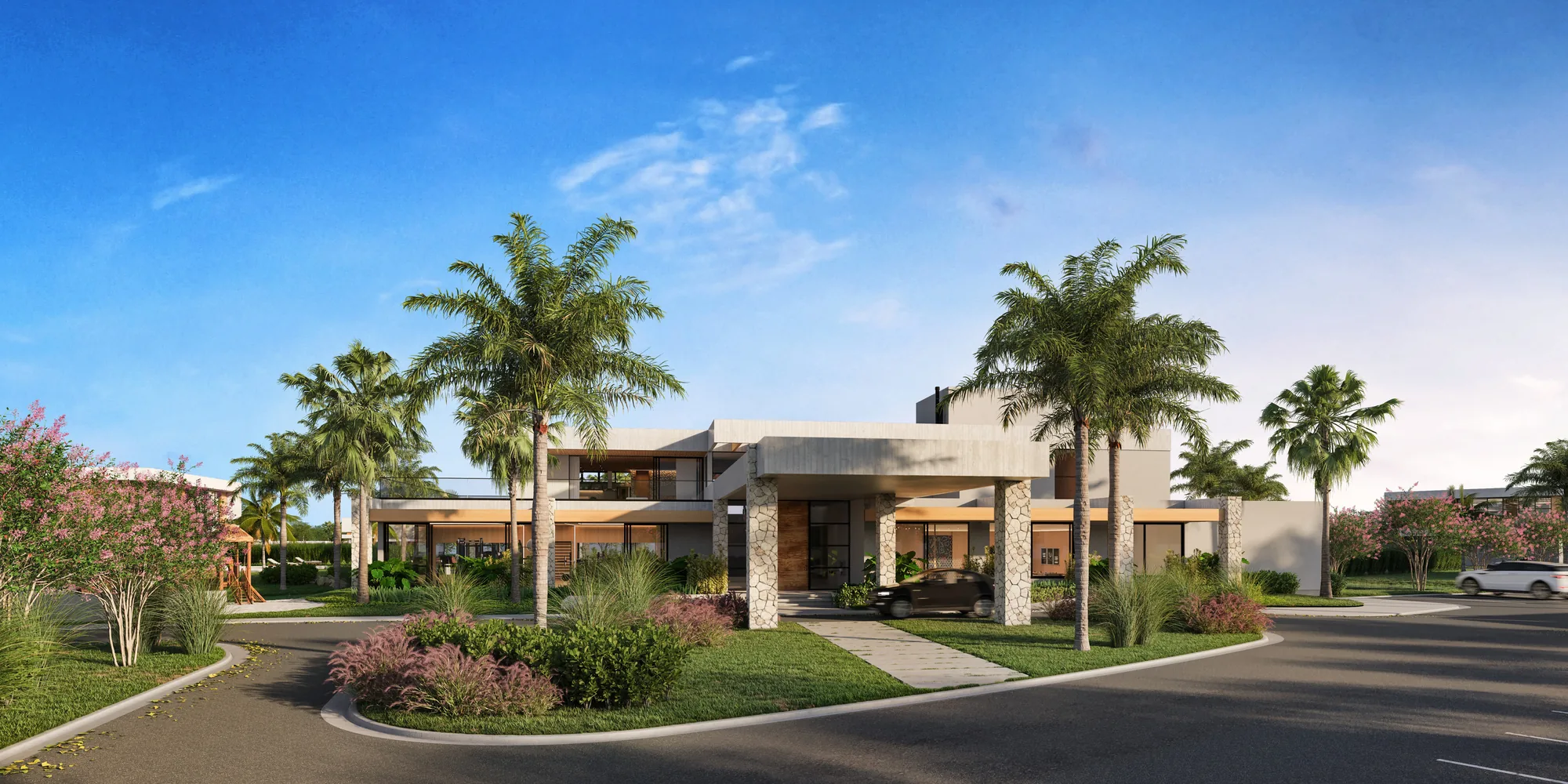 Fachada do club house do Oxy com revestimento em pedra