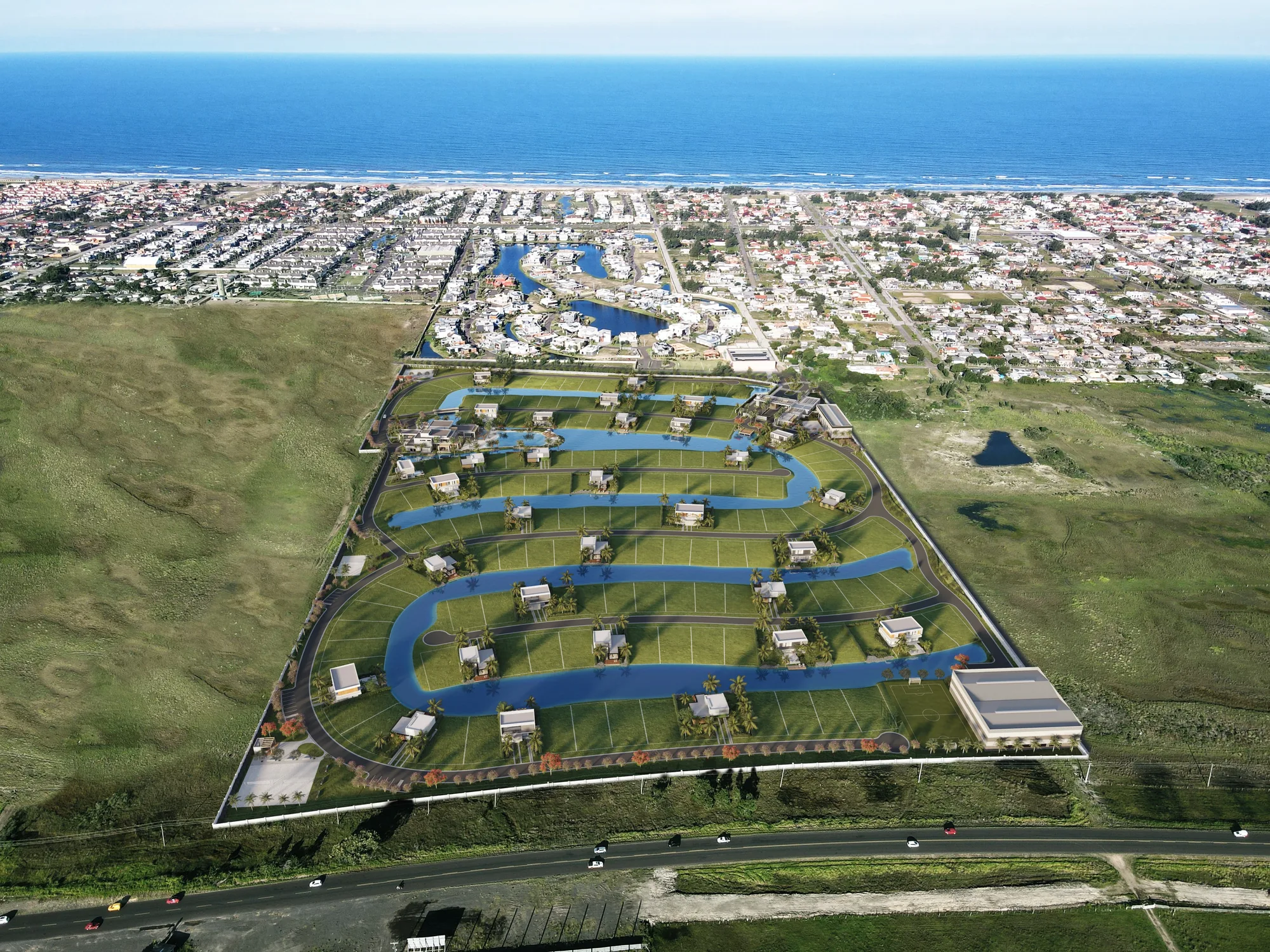 Vista aérea do Oxy com lagos internos sinuosos próximo à praia em Xangri-Lá