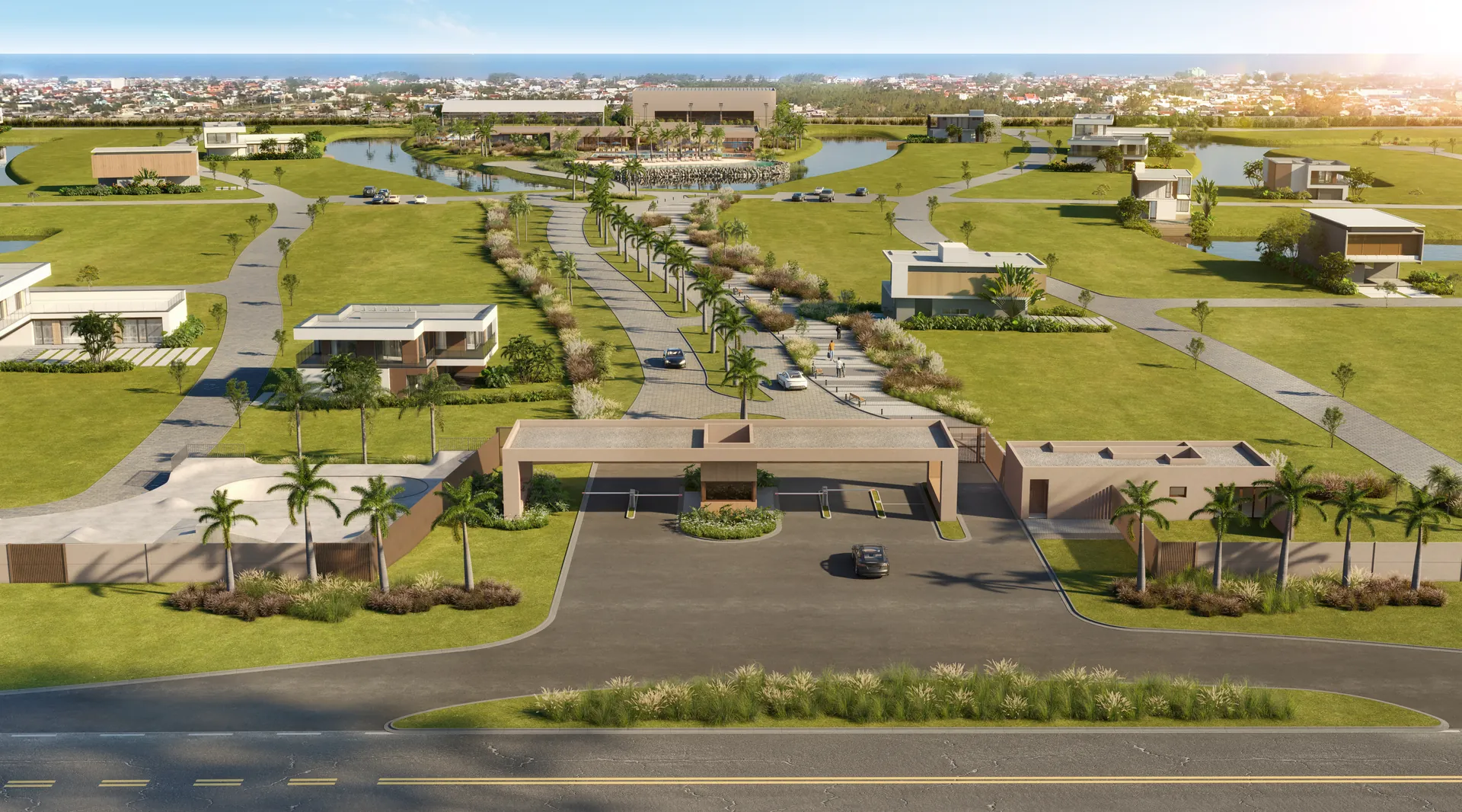 Boulevard arborizado e residências do condomínio Península em perspectiva ilustrada