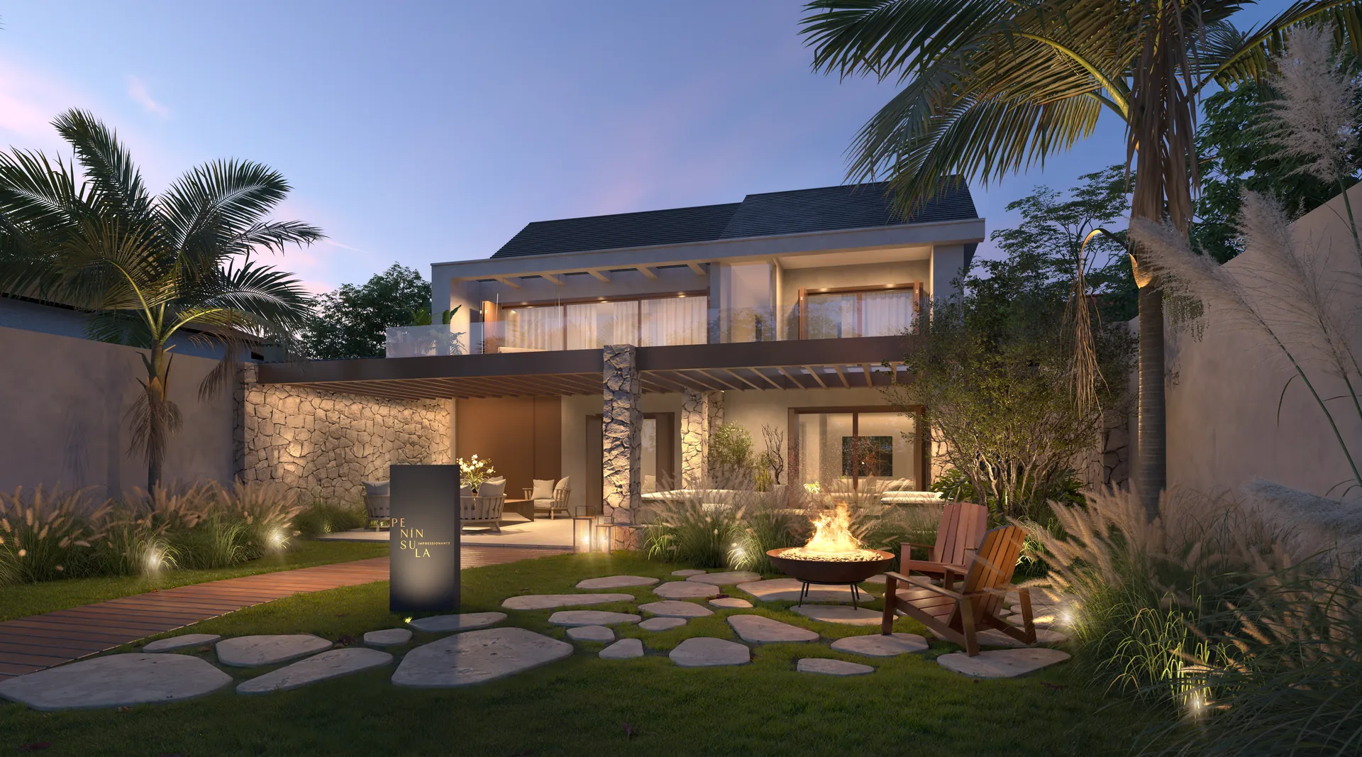 Casa de referência do condomínio Península com jardim e linhas contemporâneas, em perspectiva ilustrada