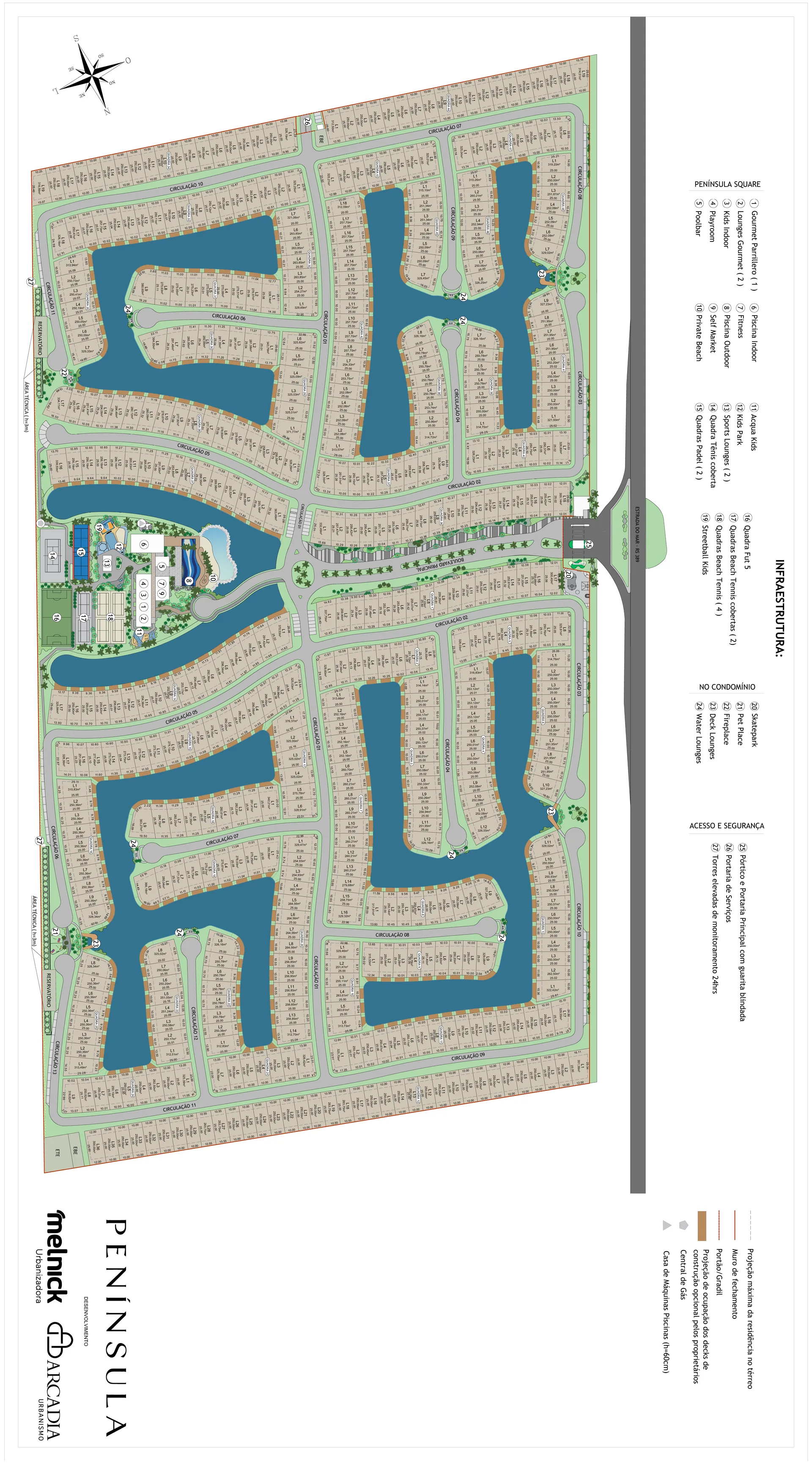 Projeto urbanístico do condomínio Península com a malha de lagos, quadras e o clube central