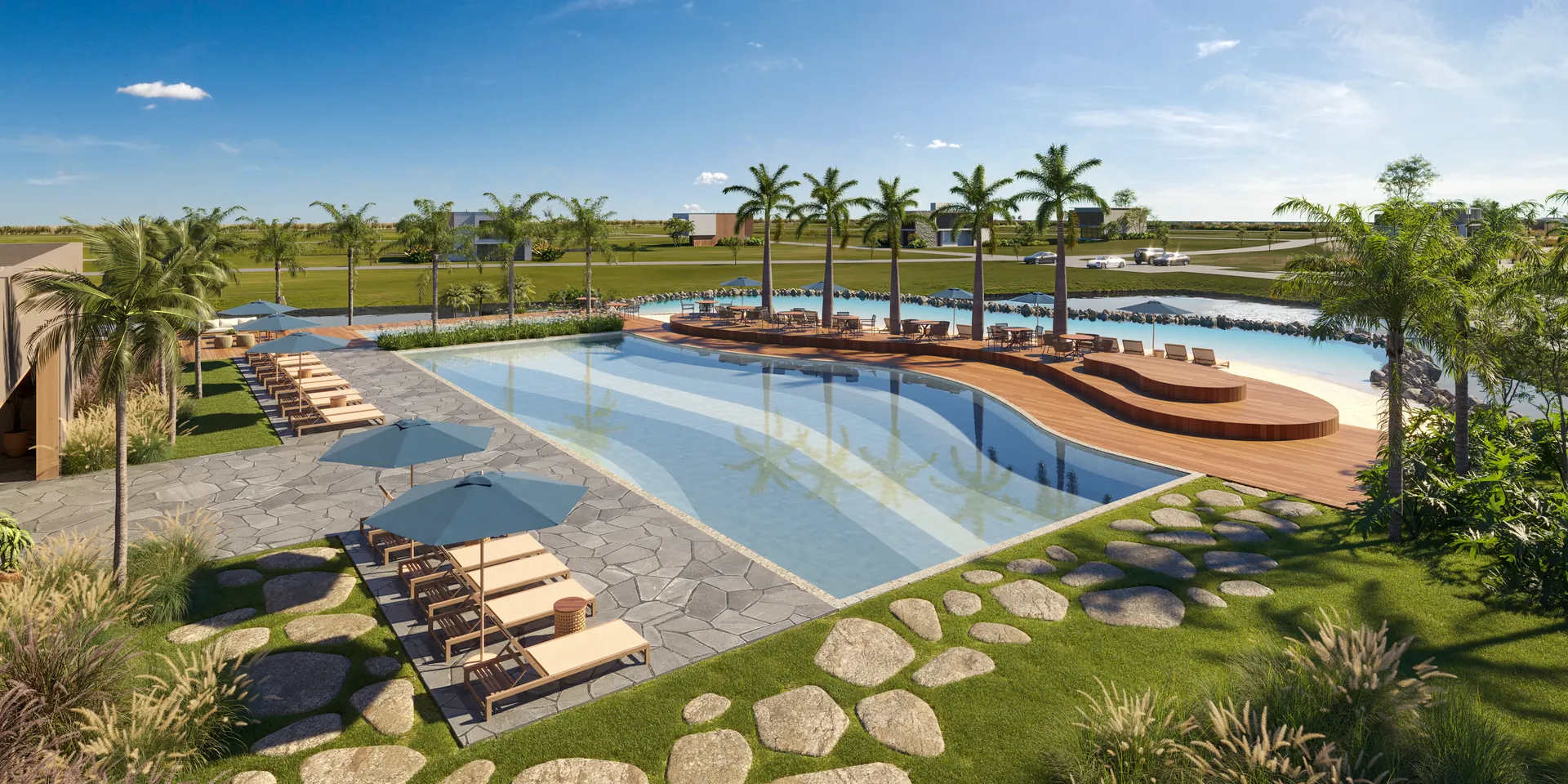 Piscina outdoor com deck e vista para o lago no clube Península Square, no condomínio fechado com lotes à beira de lago em Xangri-Lá