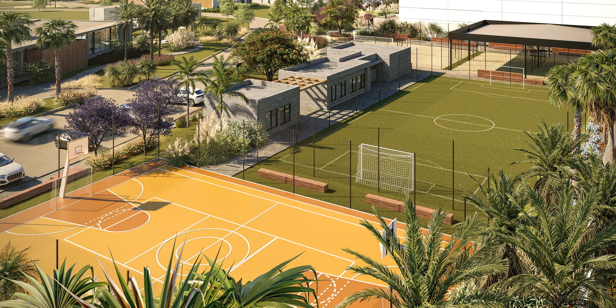 Quadra poliesportiva e campo de futebol do Pleno Quatro Estações com vista para a serra em Xangri-Lá