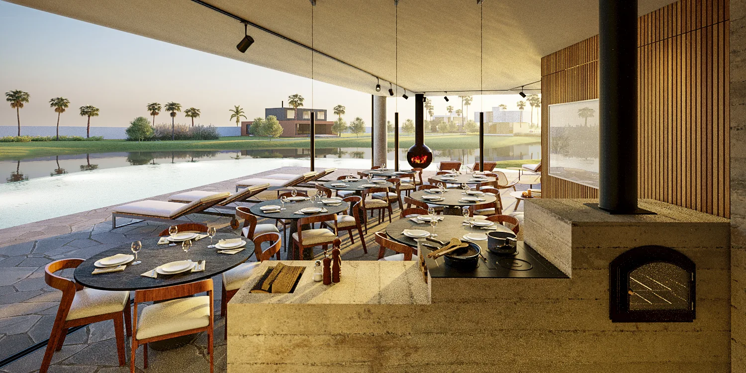 Espaço gourmet com braseiro e forno a lenha do clube de inverno do Pleno Quatro Estações em Xangri-Lá
