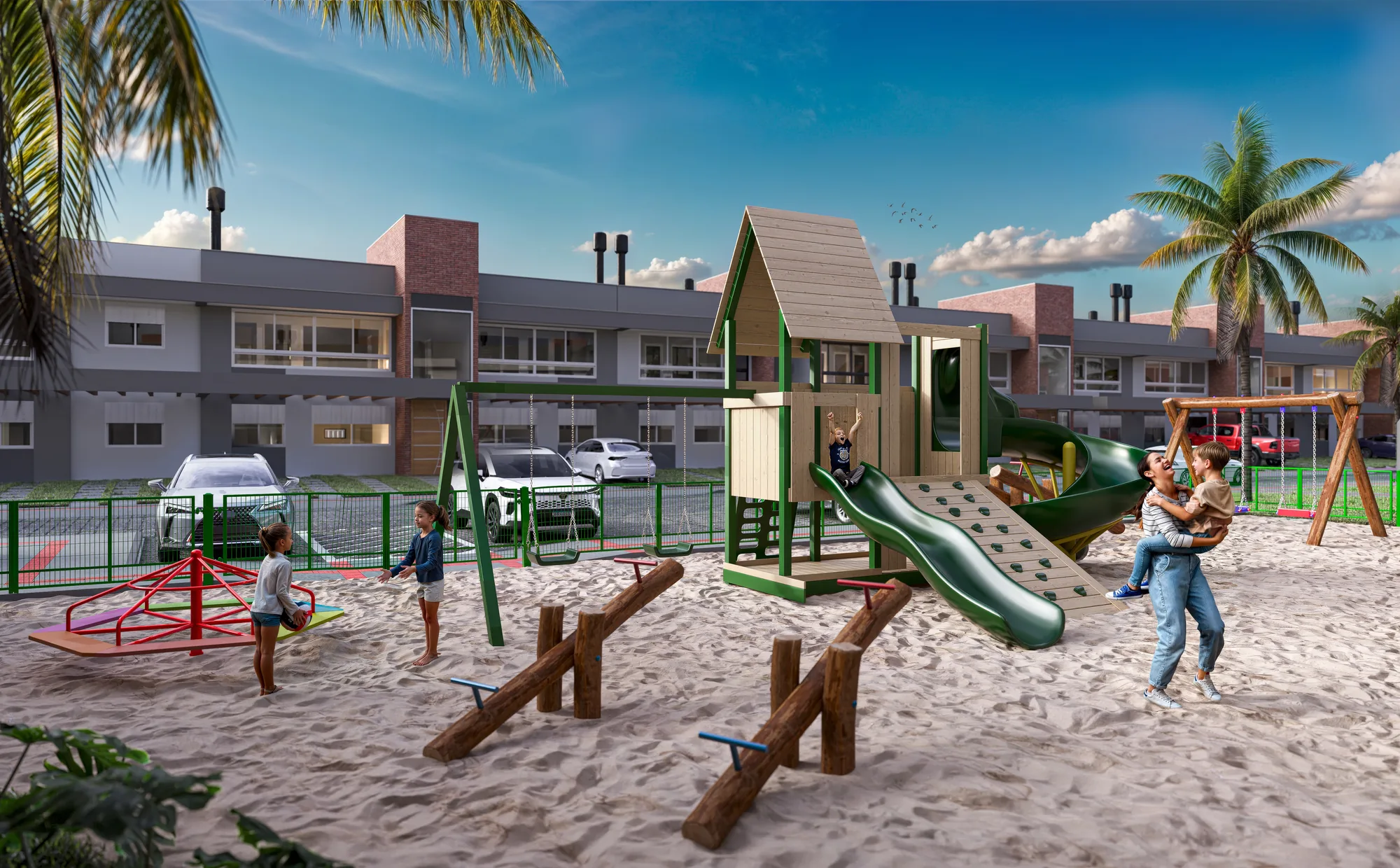 Playground com brinquedos sobre areia no condomínio Pôr do Sol