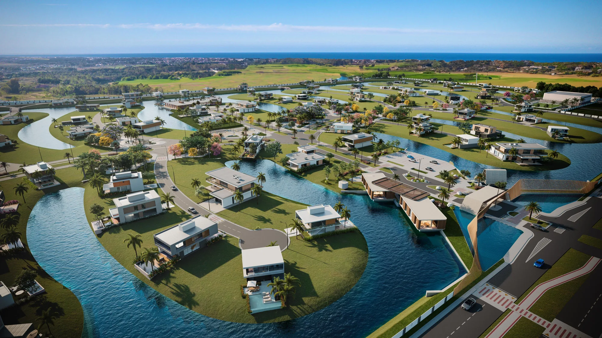 Vista aérea do Prime Beach Curumim com lotes a beira-lago e lagos internos na praia de Curumim