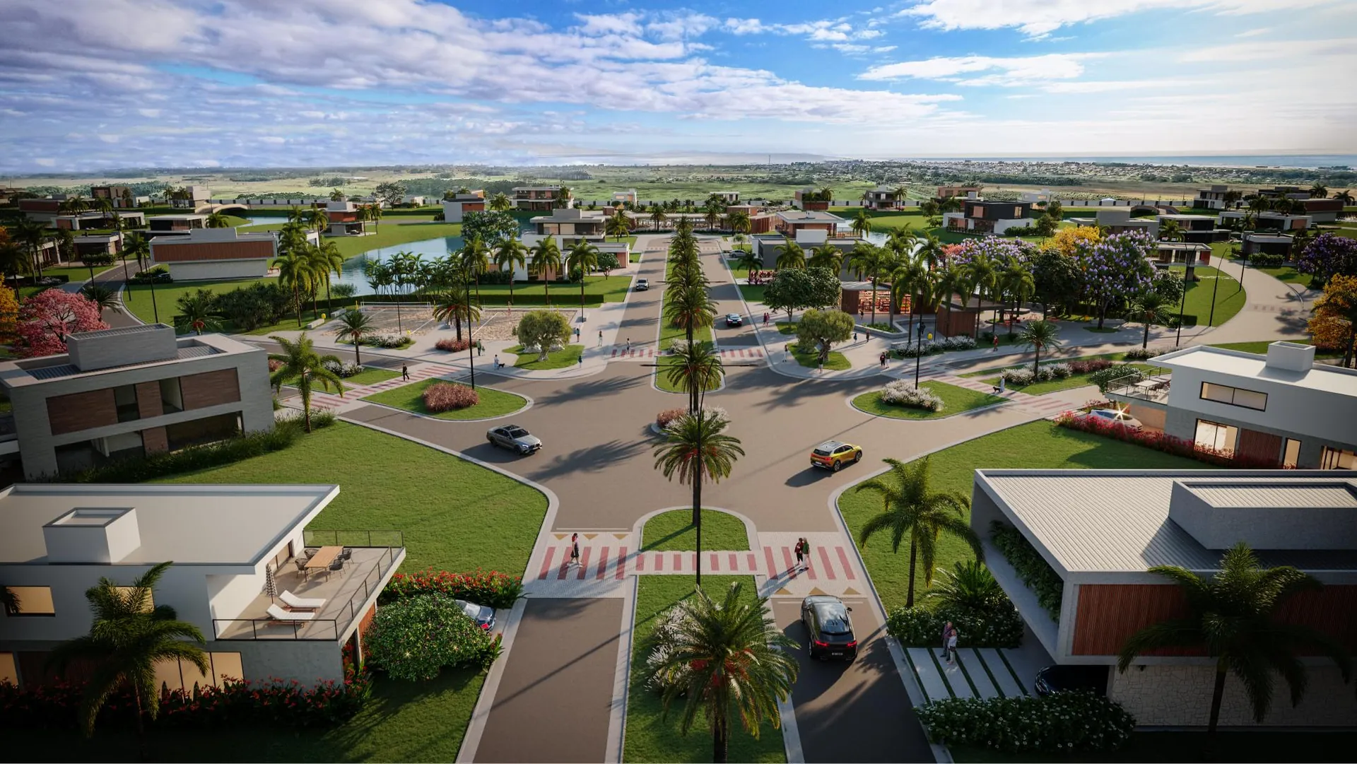 Avenida principal do Prime Beach Curumim com paisagismo e casas em linhas modernas