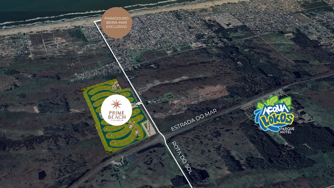 Mapa de localização do Prime Beach Curumim na praia de Curumim, junto à Estrada do Mar em Capão da Canoa