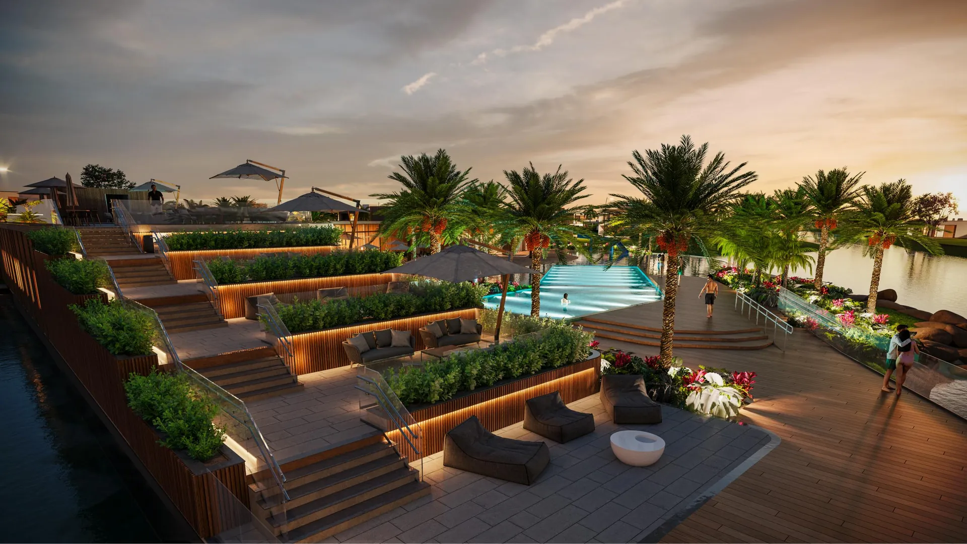 Rooftop escalonado ao pôr do sol do Prime Beach Curumim