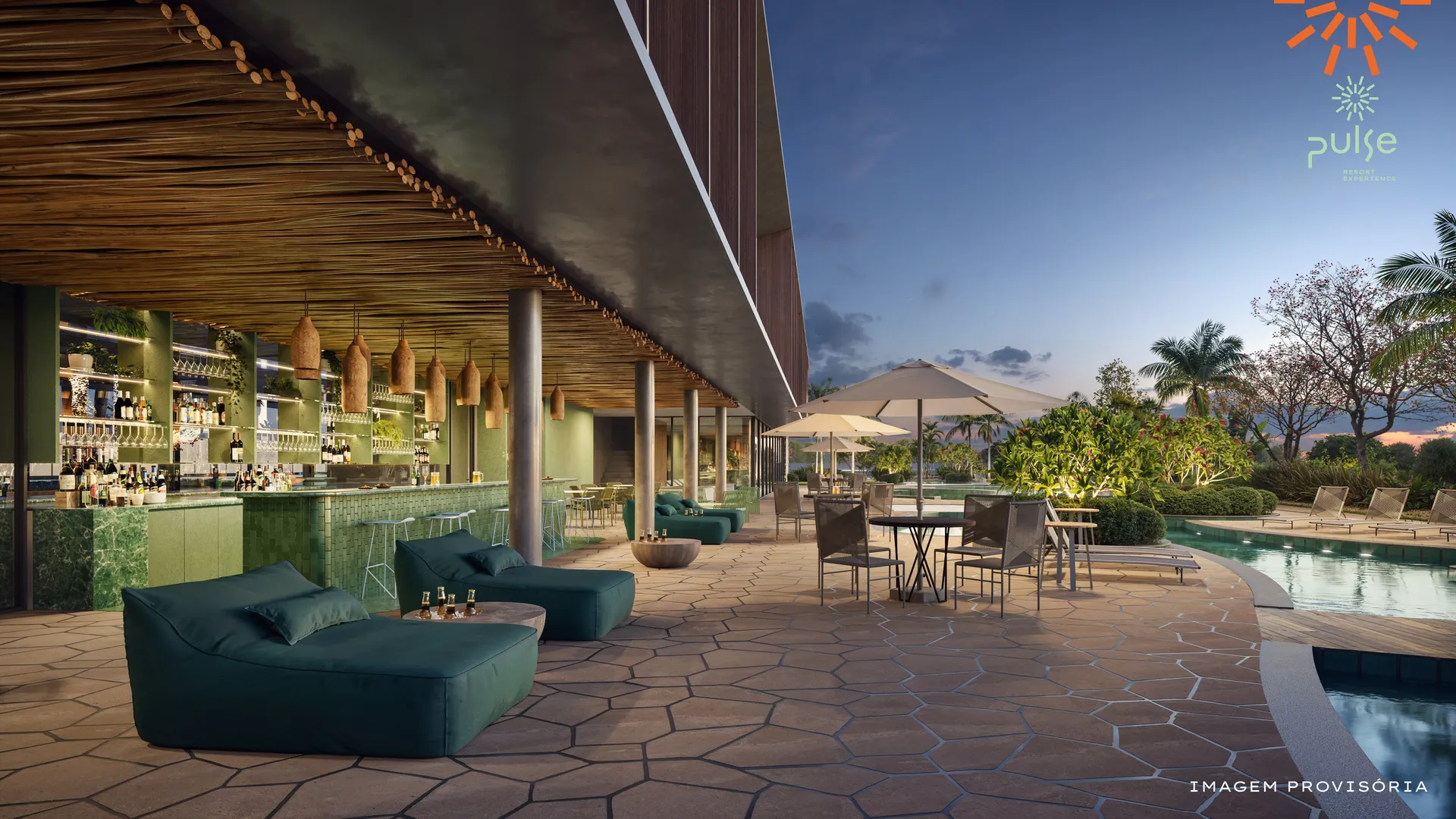 Sports bar e lounge do Pulse ao entardecer