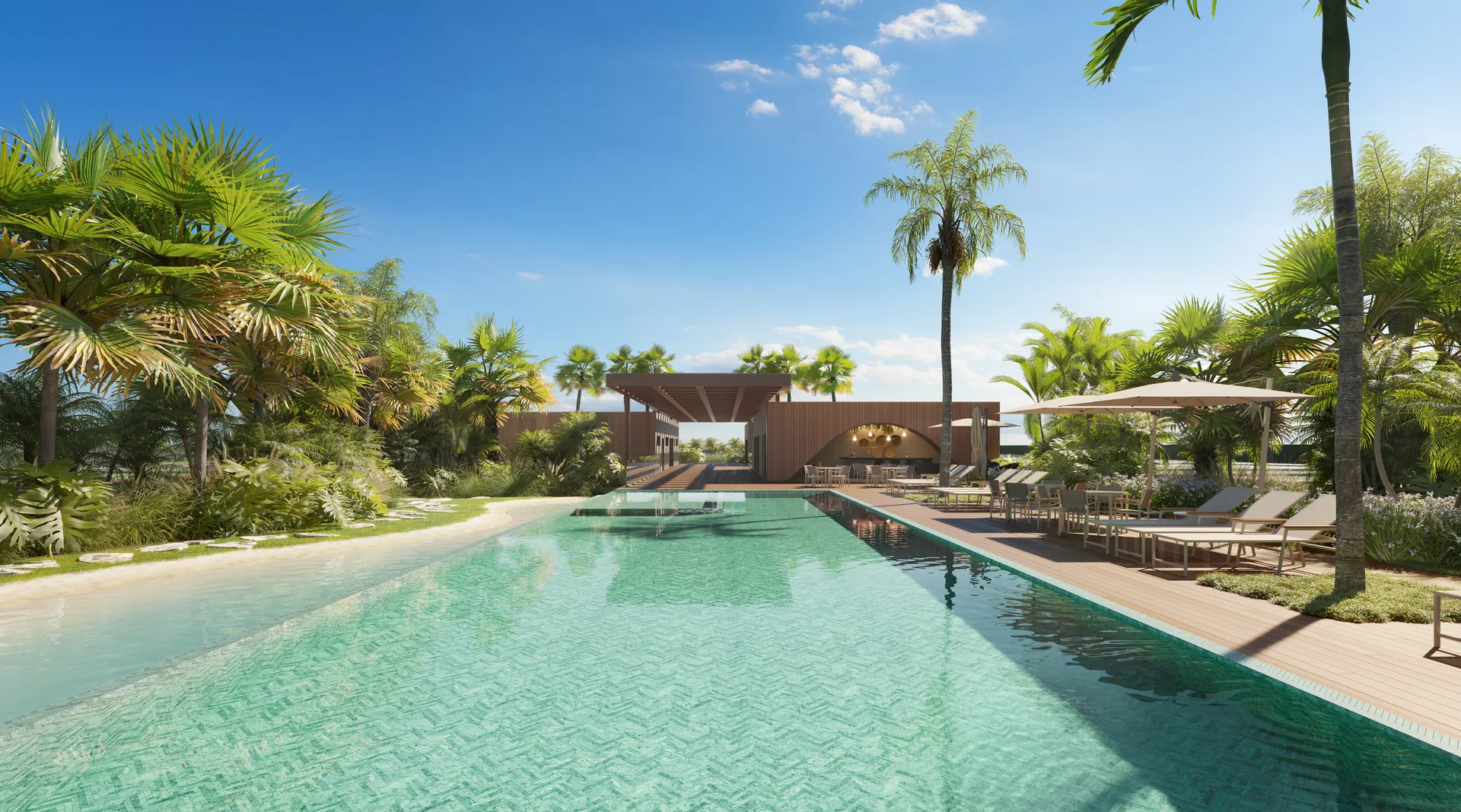 Deck da piscina externa com clube ao fundo do RARO