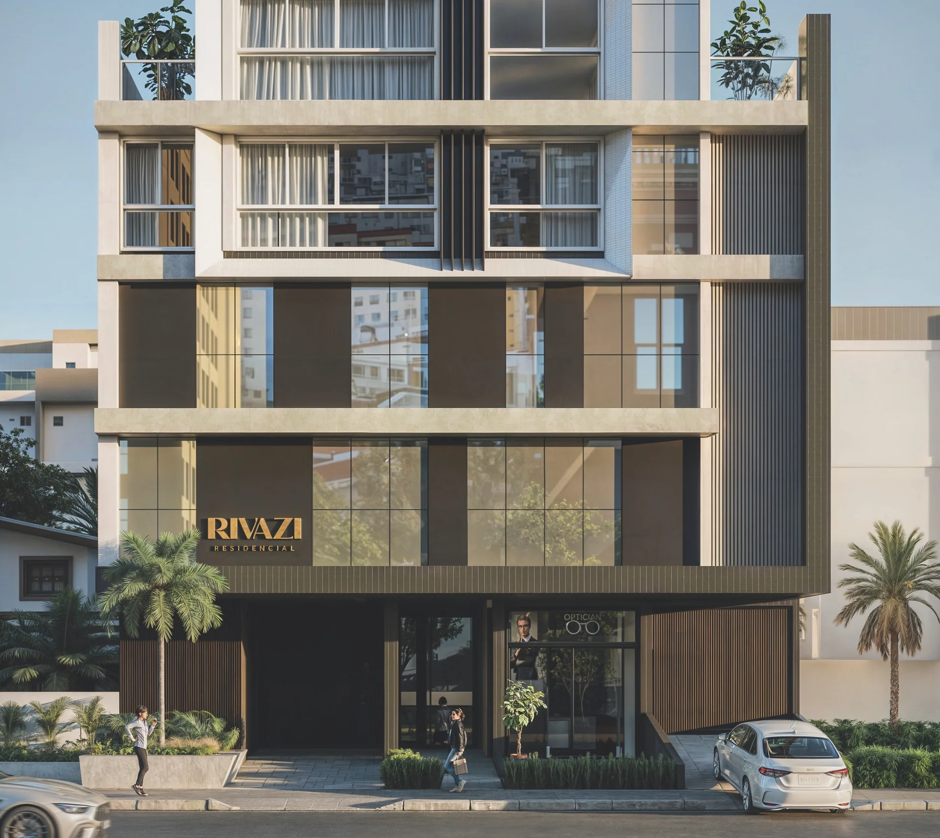 Fachada frontal do Rivazi Residencial com o letreiro dourado e a sala comercial no térreo