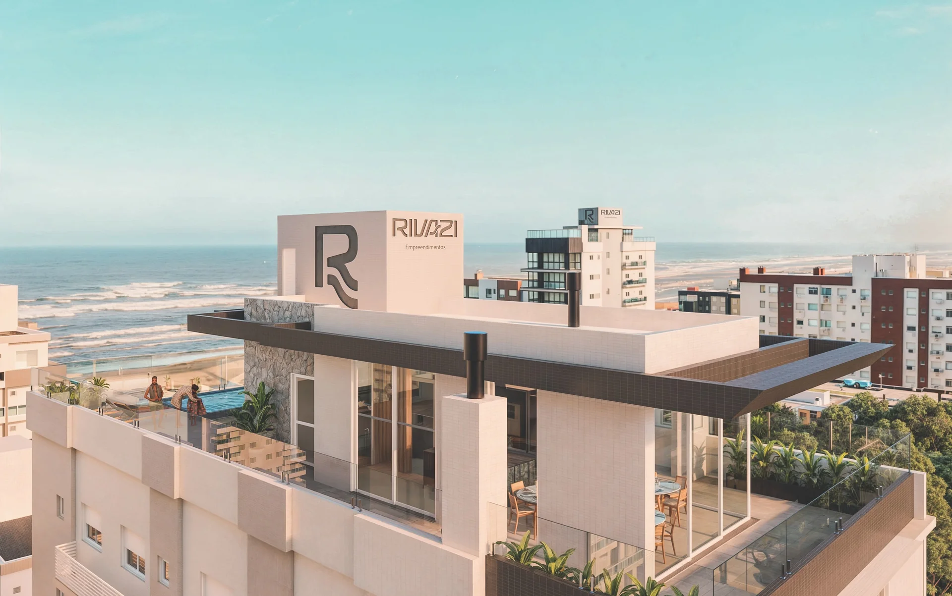 Vista aérea do rooftop à beira-mar do Rivazi Residencial em Capão da Canoa