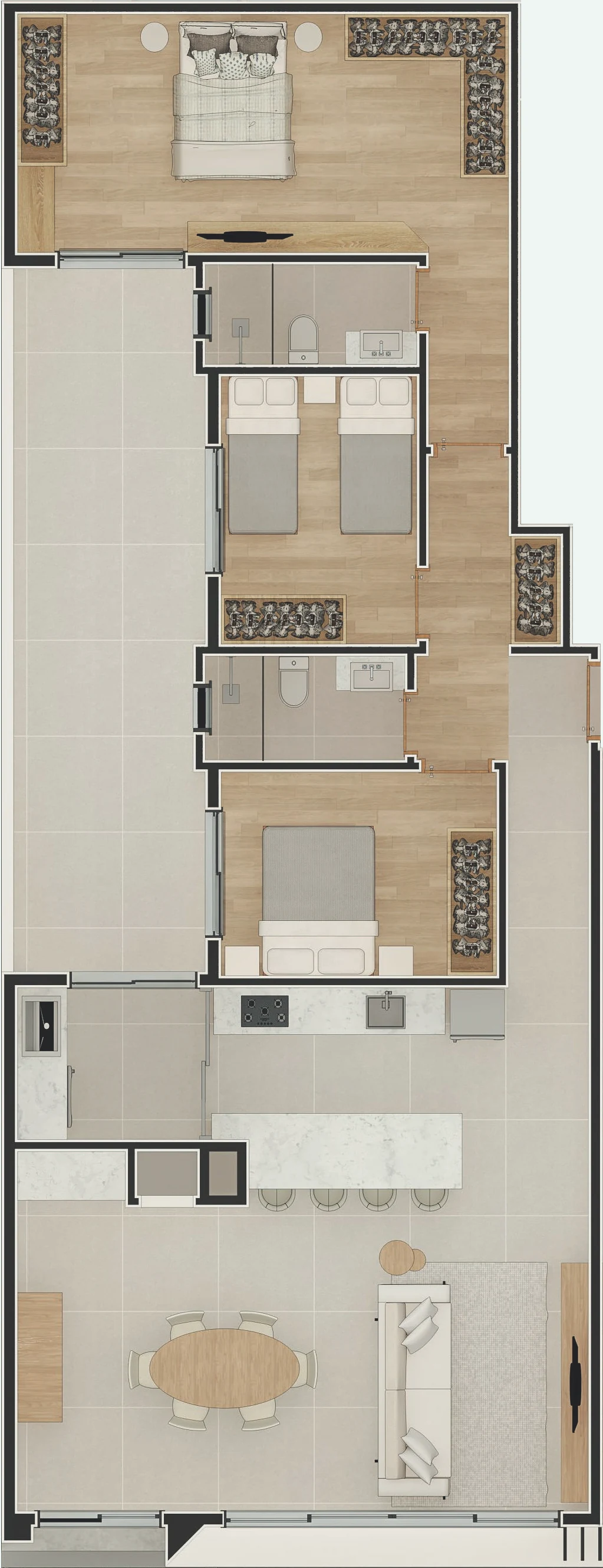 Planta do apartamento diferenciado 401 do Rivazi Residencial, 135 m² com 3 dormitórios e 1 suíte