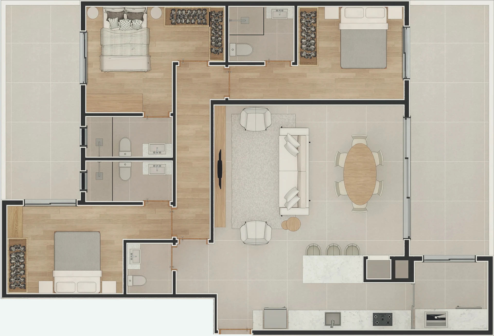 Planta do apartamento diferenciado de 145 m² com 3 suítes do Rivazi Residencial em Capão da Canoa