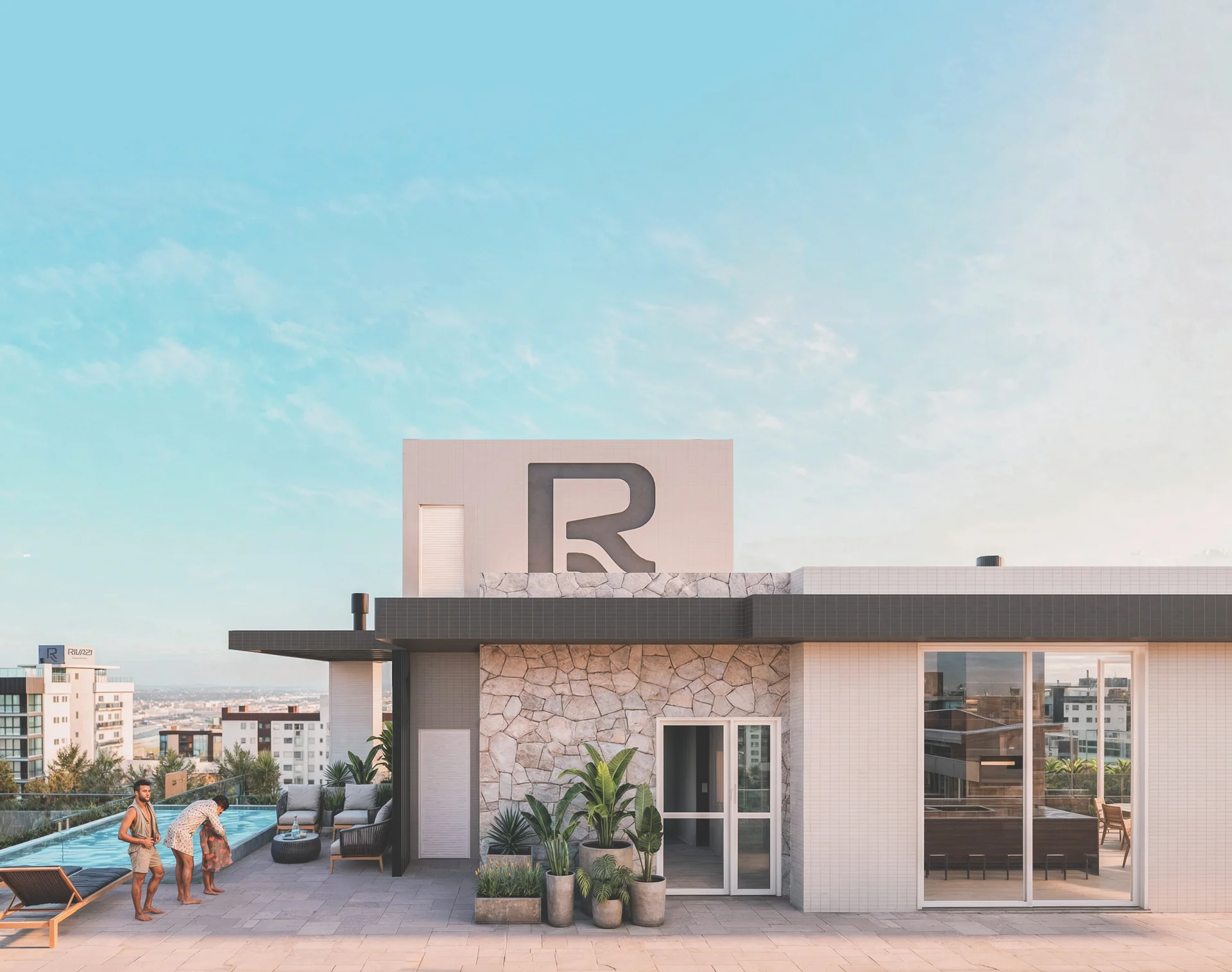 Lounge do rooftop do Rivazi Residencial com terraço e vista da cidade de Capão da Canoa
