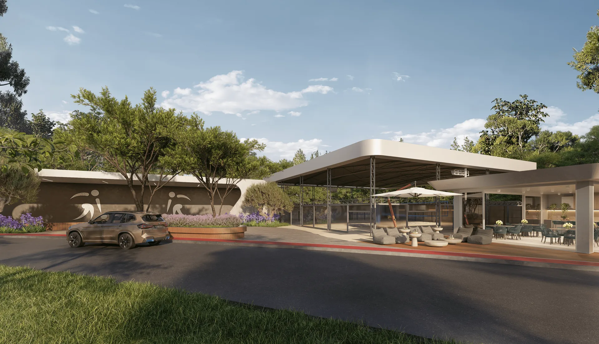 Espaço gourmet ao ar livre em condomínio fechado do litoral norte gaúcho, com mesas de convivência junto ao lago