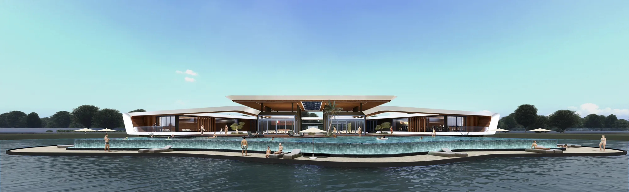 Clubhouse do Royal Lake refletido no lago do condomínio fechado com lotes à beira de lago em Xangri-Lá