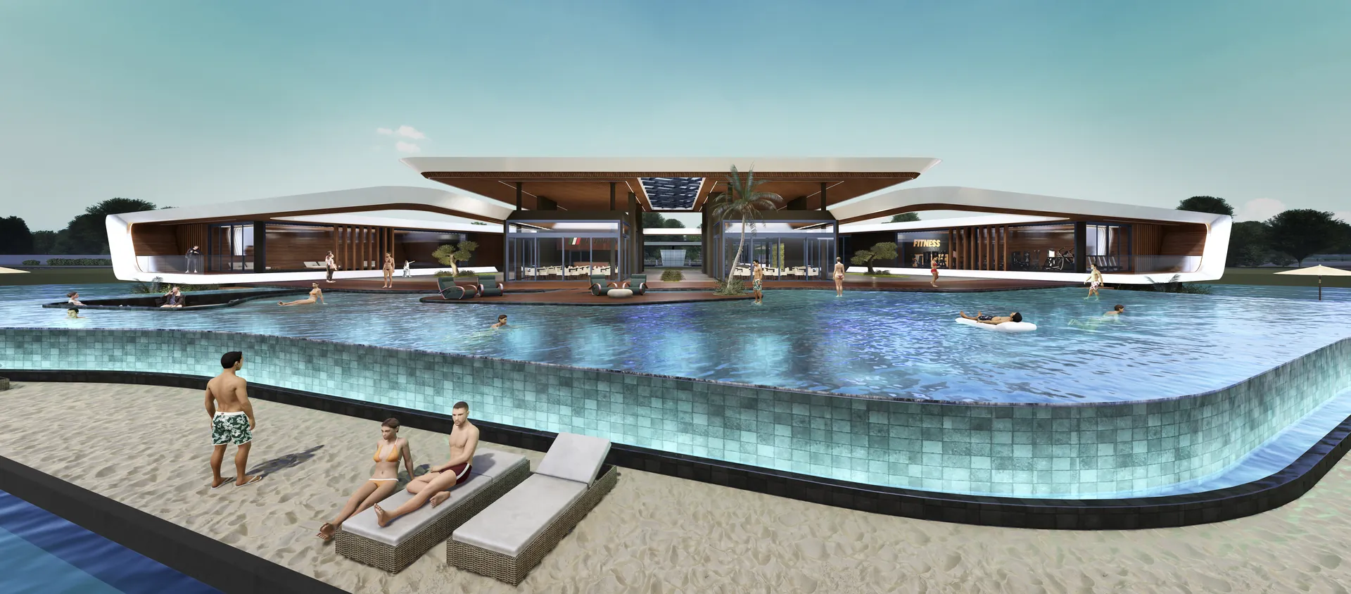 Piscina com praia de areia do clubhouse do Royal Lake voltada para o lago em Xangri-Lá
