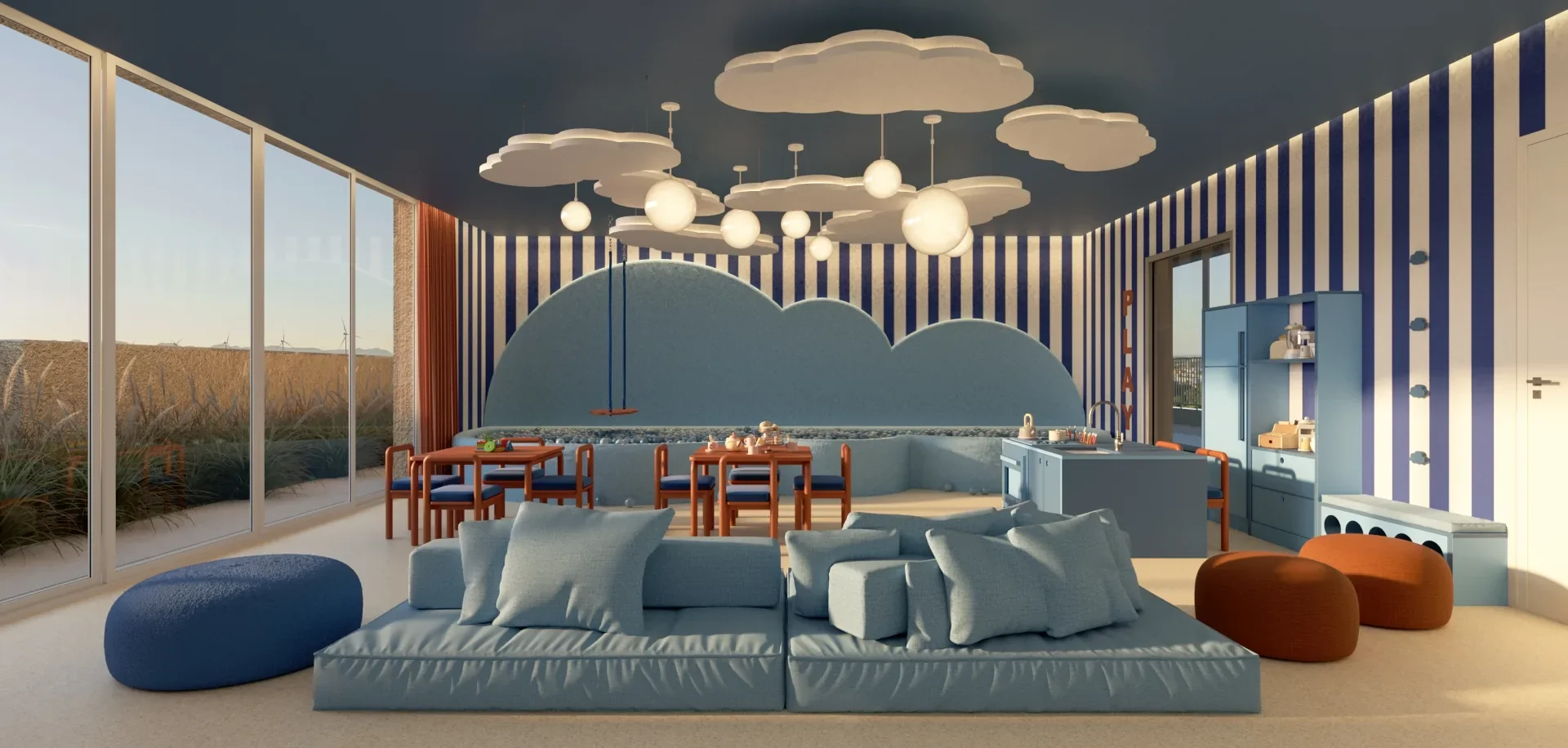 Render do espaço kids do Serena by Breton, com nuvens no forro, almofadões, mesas infantis e cozinha de brinquedo