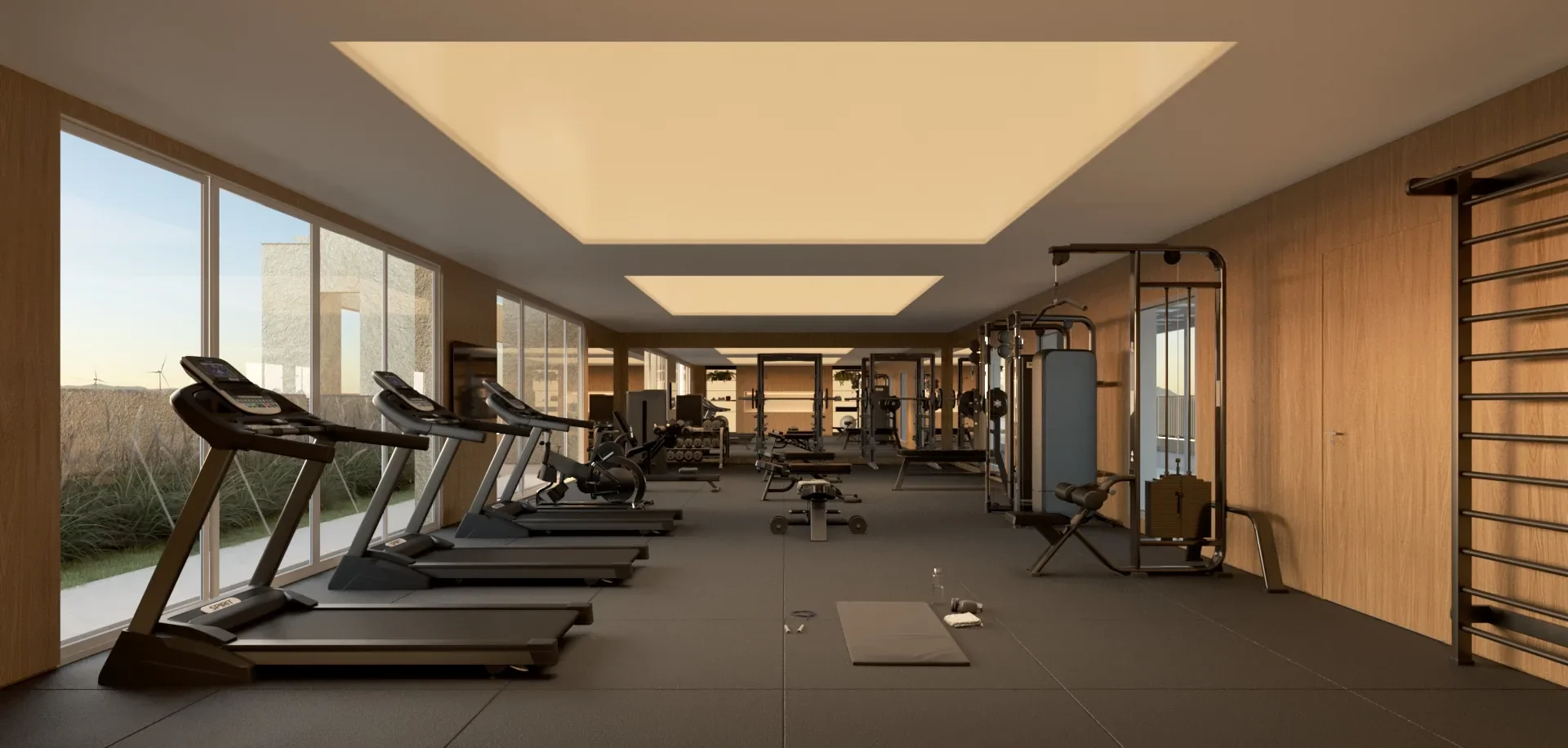 Render do fitness do Serena by Breton, sala alongada com esteiras junto à janela corrida, área de peso livre e espaldar na parede de madeira
