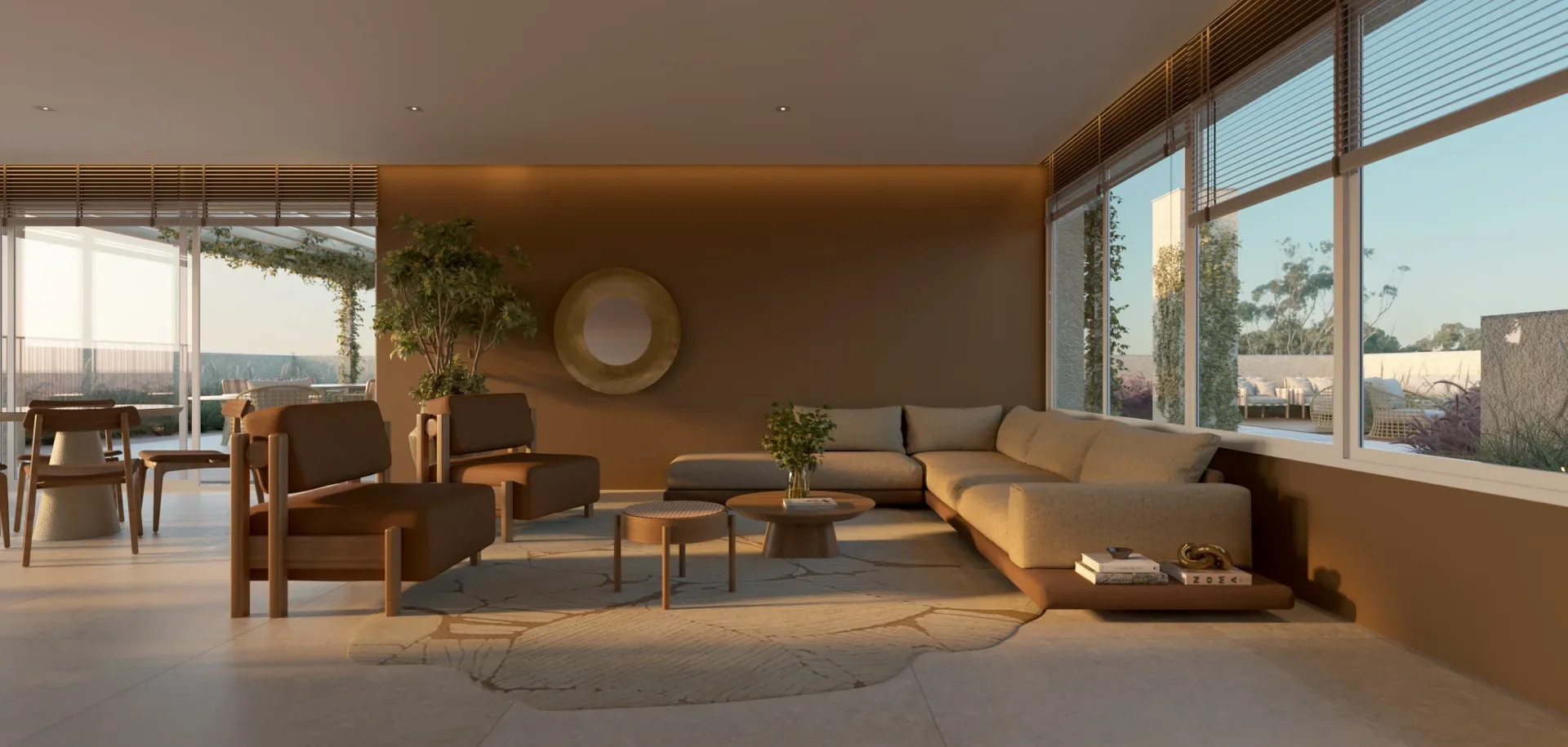 Render do estar do gourmet do Serena by Breton, com sofá em L, poltronas de madeira e janelas altas para a área externa