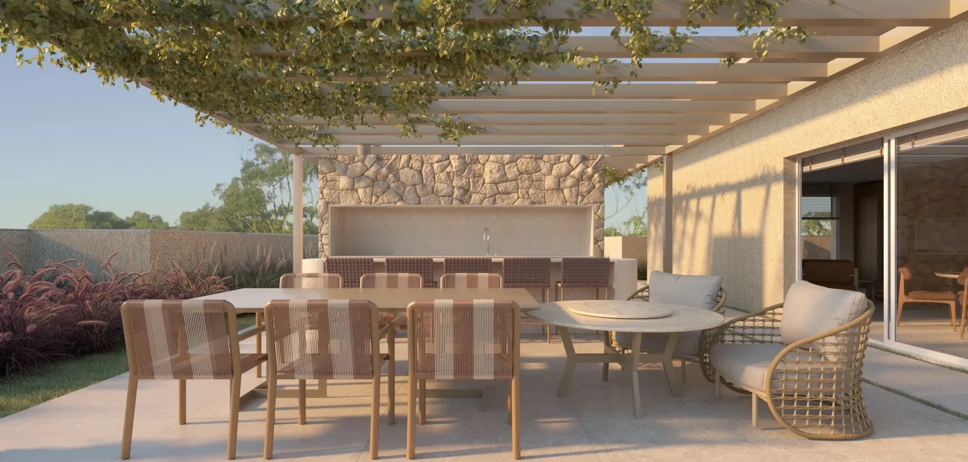 Render do gourmet externo do Serena by Breton, com pergolado vegetado, bancada em pedra, mesa grande e mesa redonda